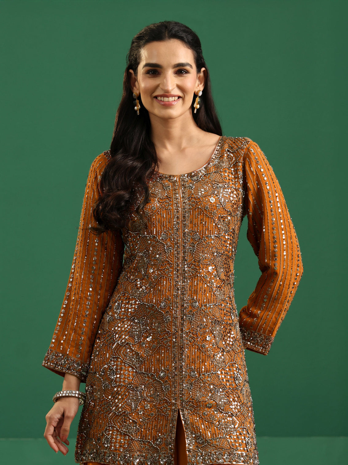 Mameraa Art Rust Brown Embellished Georgette Palazzo Suit Set