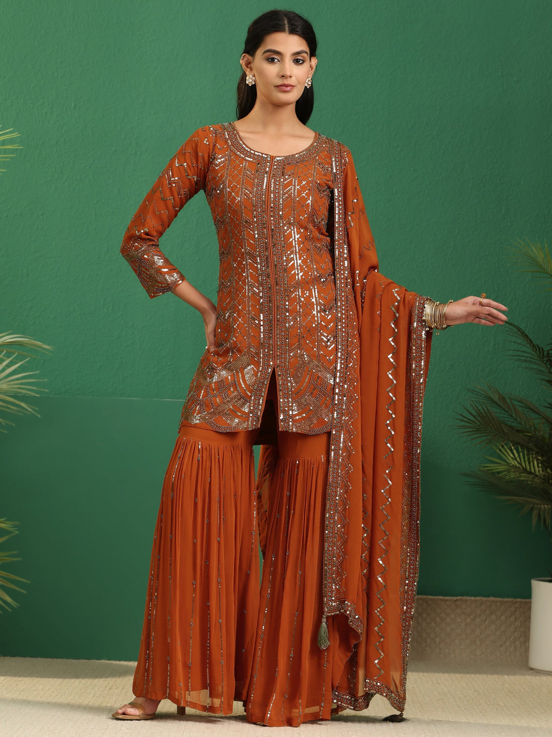 Mameraa Art Rust Brown Embellished Georgette Sharara Suit Set