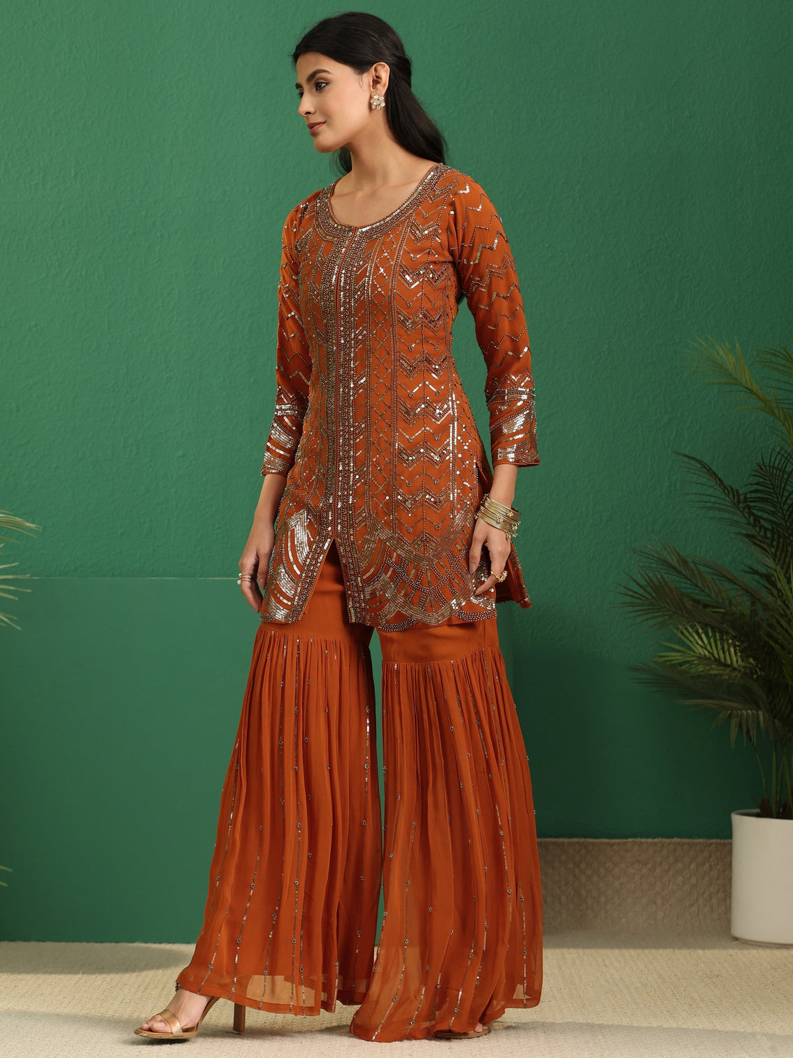 Mameraa Art Rust Brown Embellished Georgette Sharara Suit Set