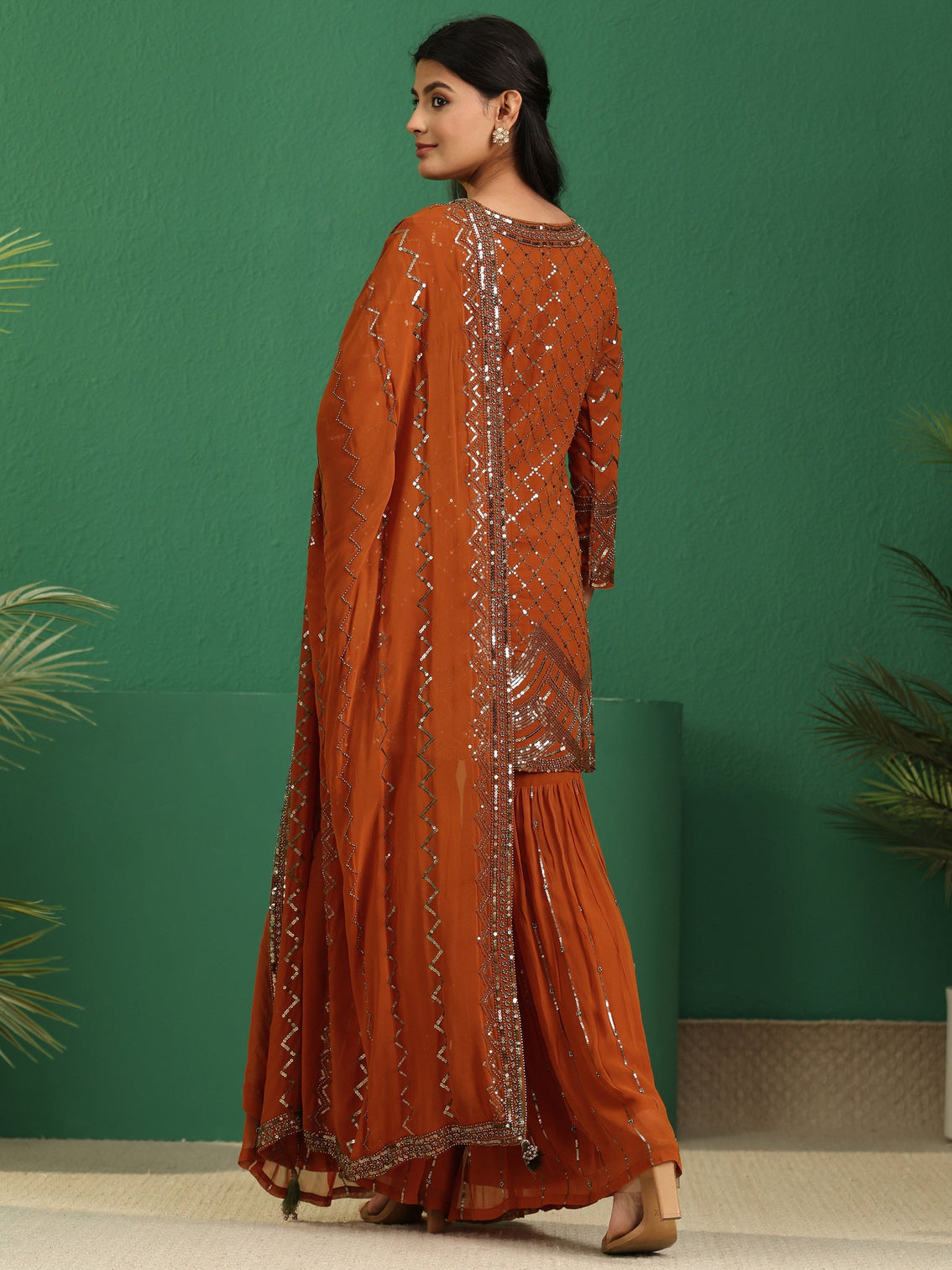 Mameraa Art Rust Brown Embellished Georgette Sharara Suit Set