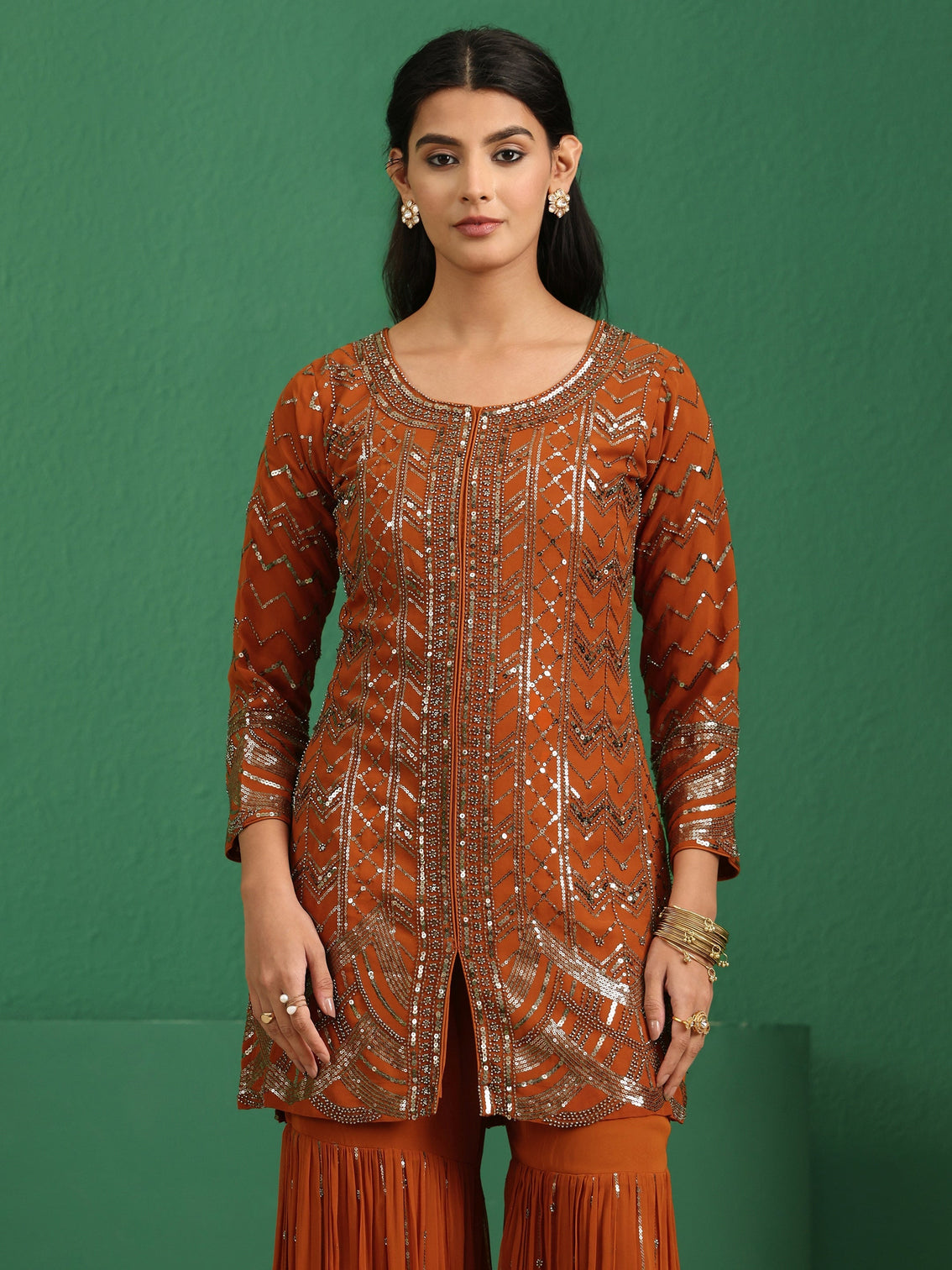 Mameraa Art Rust Brown Embellished Georgette Sharara Suit Set