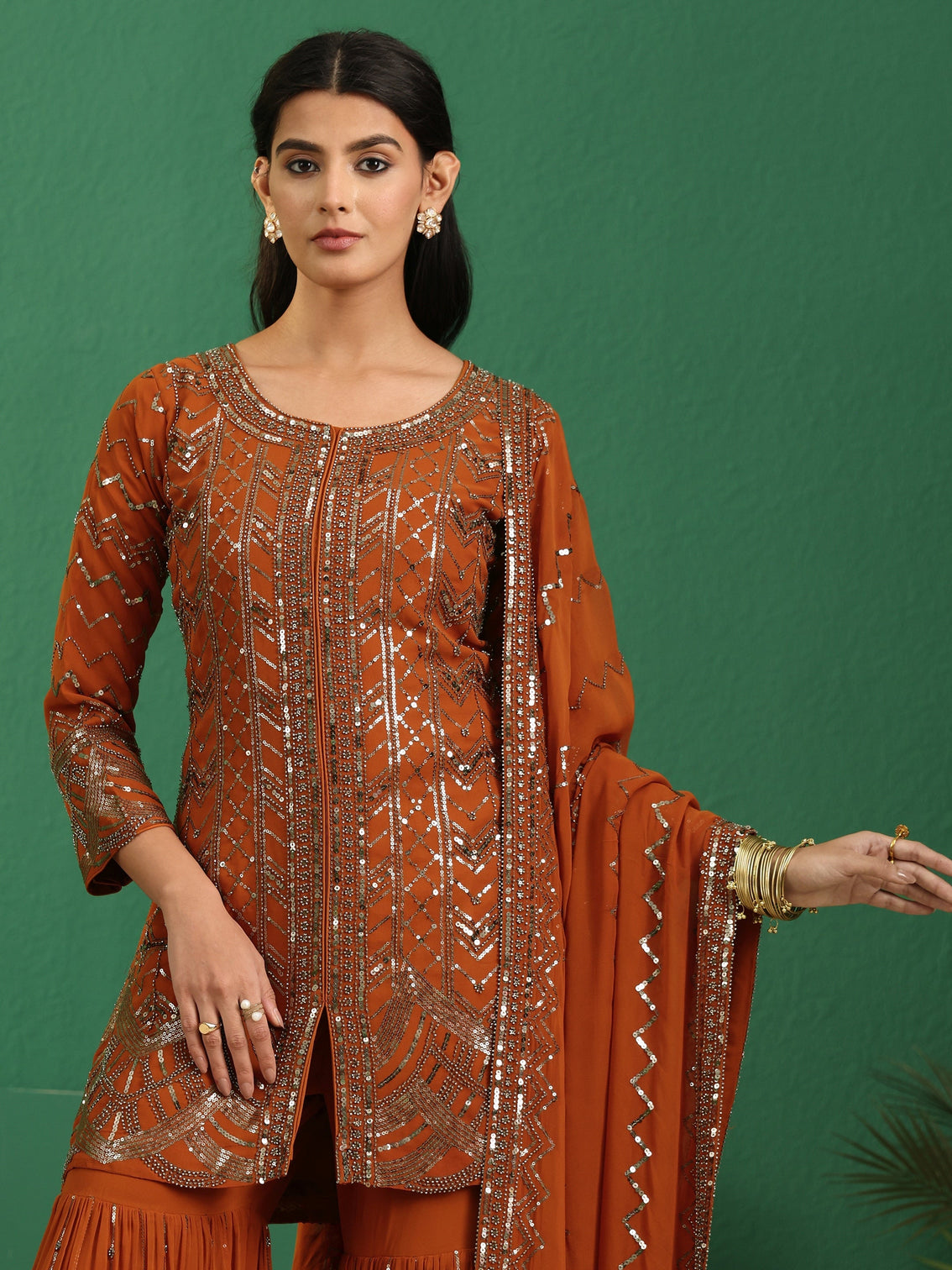Mameraa Art Rust Brown Embellished Georgette Sharara Suit Set