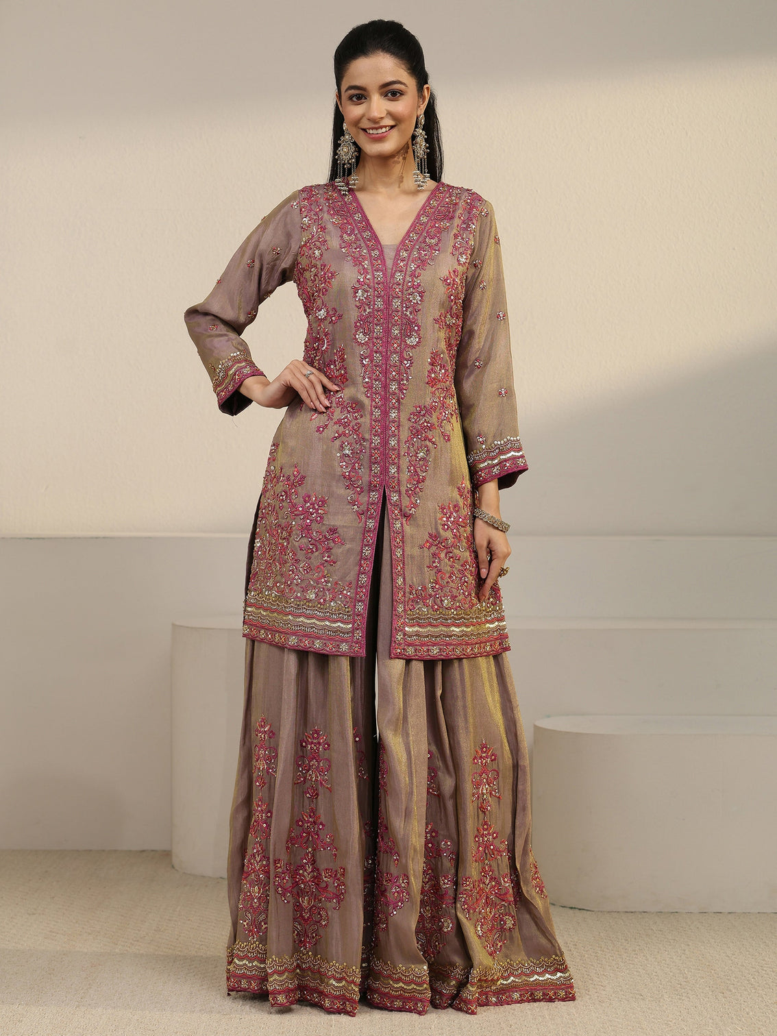 Mameraa Art Taupe Floral Embroidered Organza Palazzo Suit Set