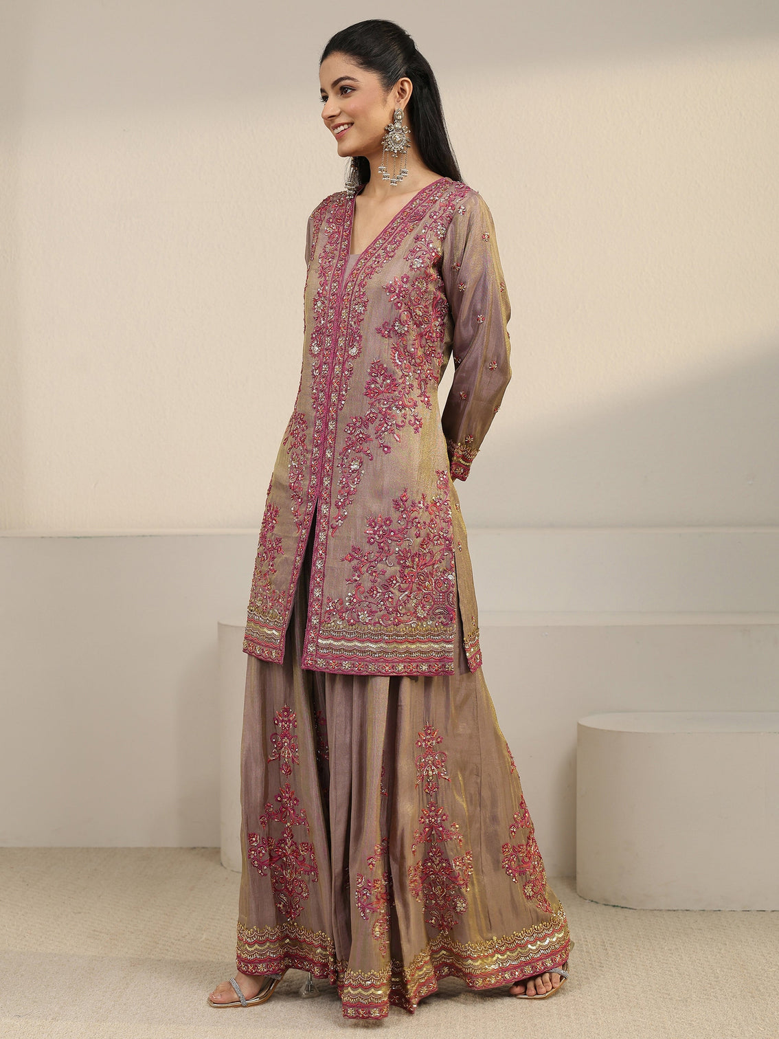Mameraa Art Taupe Floral Embroidered Organza Palazzo Suit Set