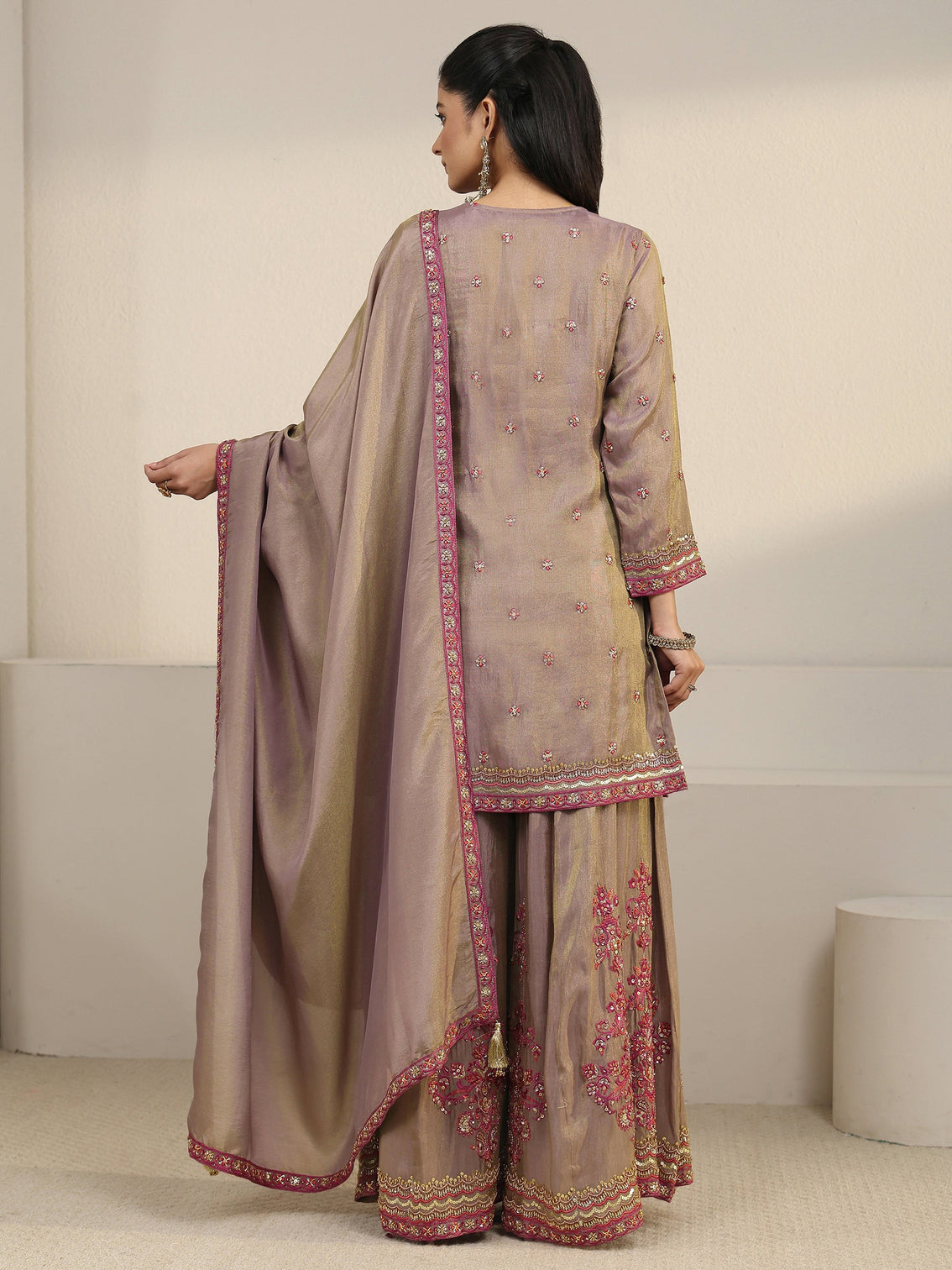 Mameraa Art Taupe Floral Embroidered Organza Palazzo Suit Set