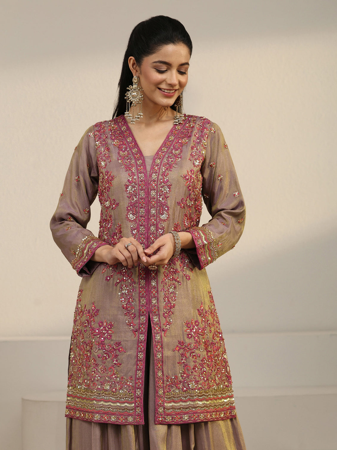 Mameraa Art Taupe Floral Embroidered Organza Palazzo Suit Set
