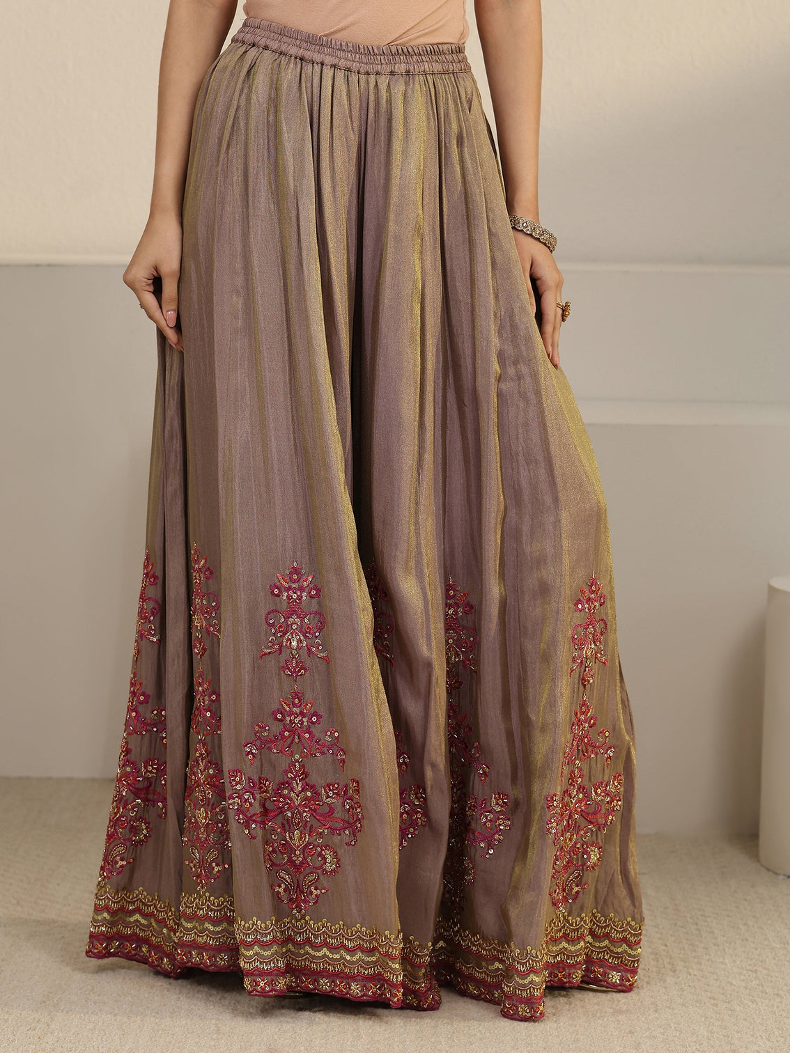 Mameraa Art Taupe Floral Embroidered Organza Palazzo Suit Set
