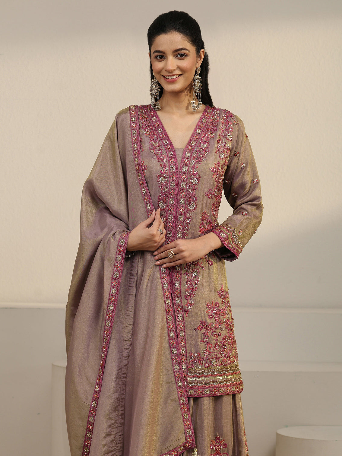 Mameraa Art Taupe Floral Embroidered Organza Palazzo Suit Set