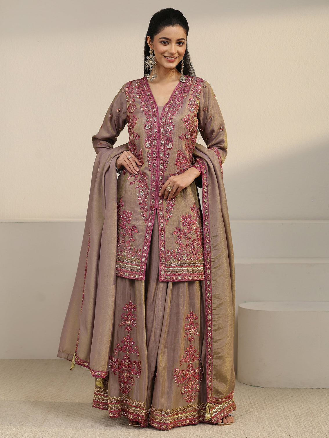 Mameraa Art Taupe Floral Embroidered Organza Palazzo Suit Set