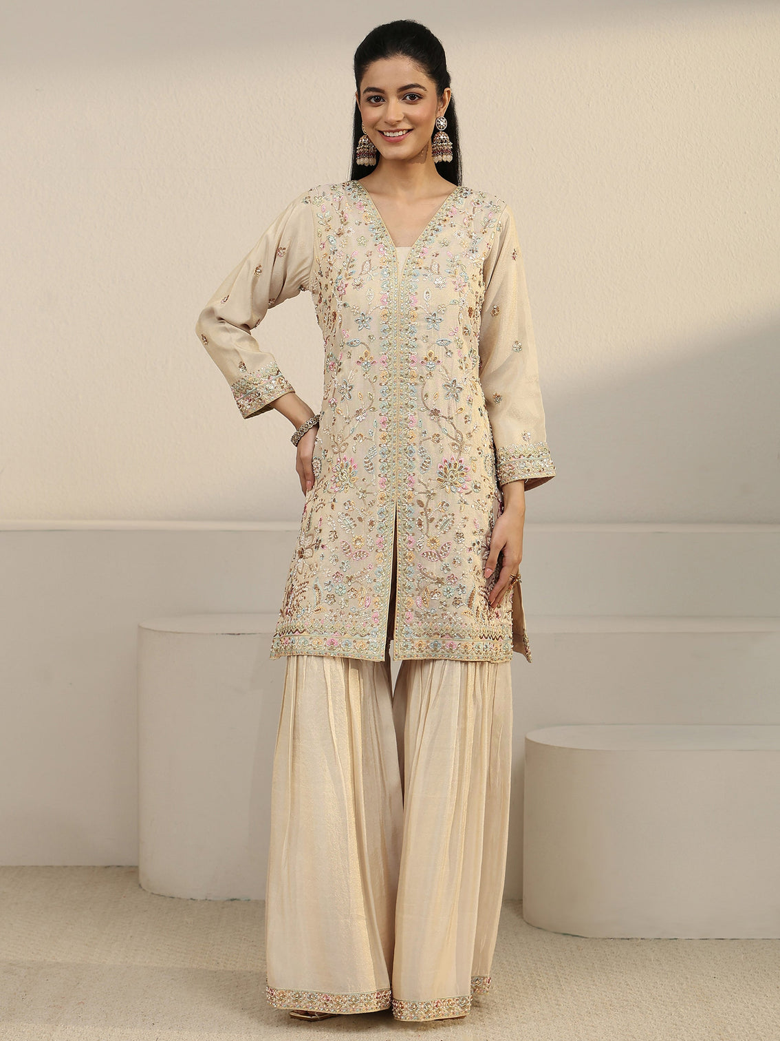 Mameraa Art Off White Floral Embroidered Organza Palazzo Suit Set