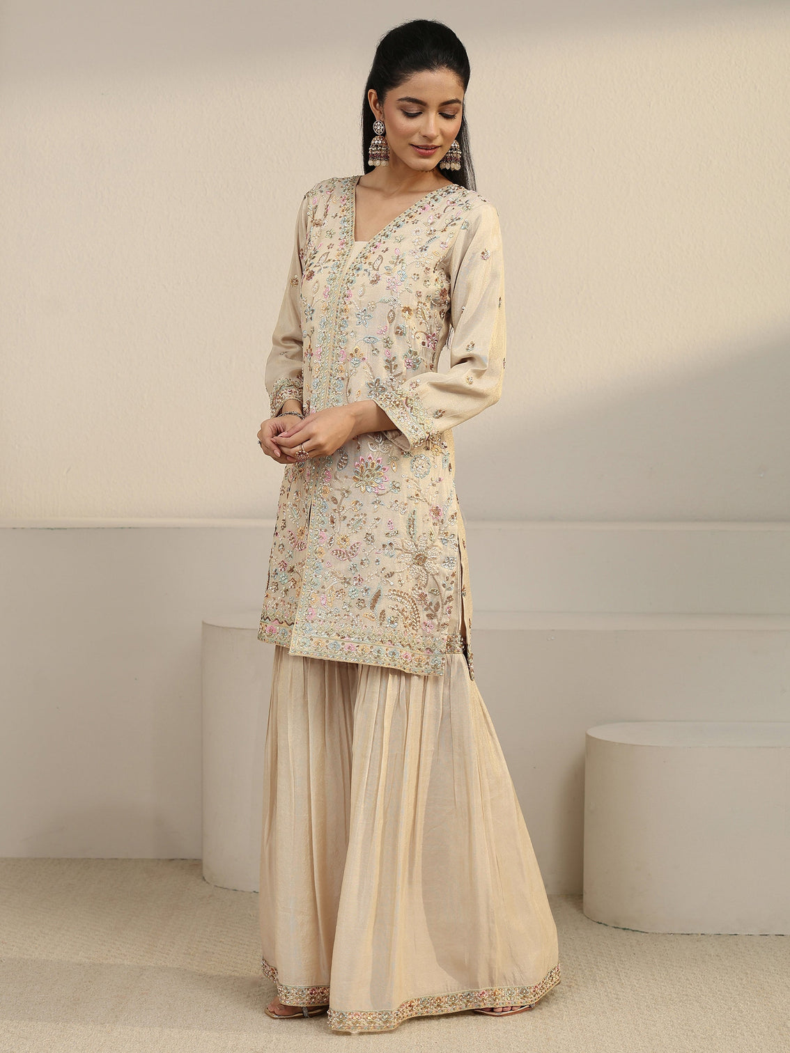 Mameraa Art Off White Floral Embroidered Organza Palazzo Suit Set