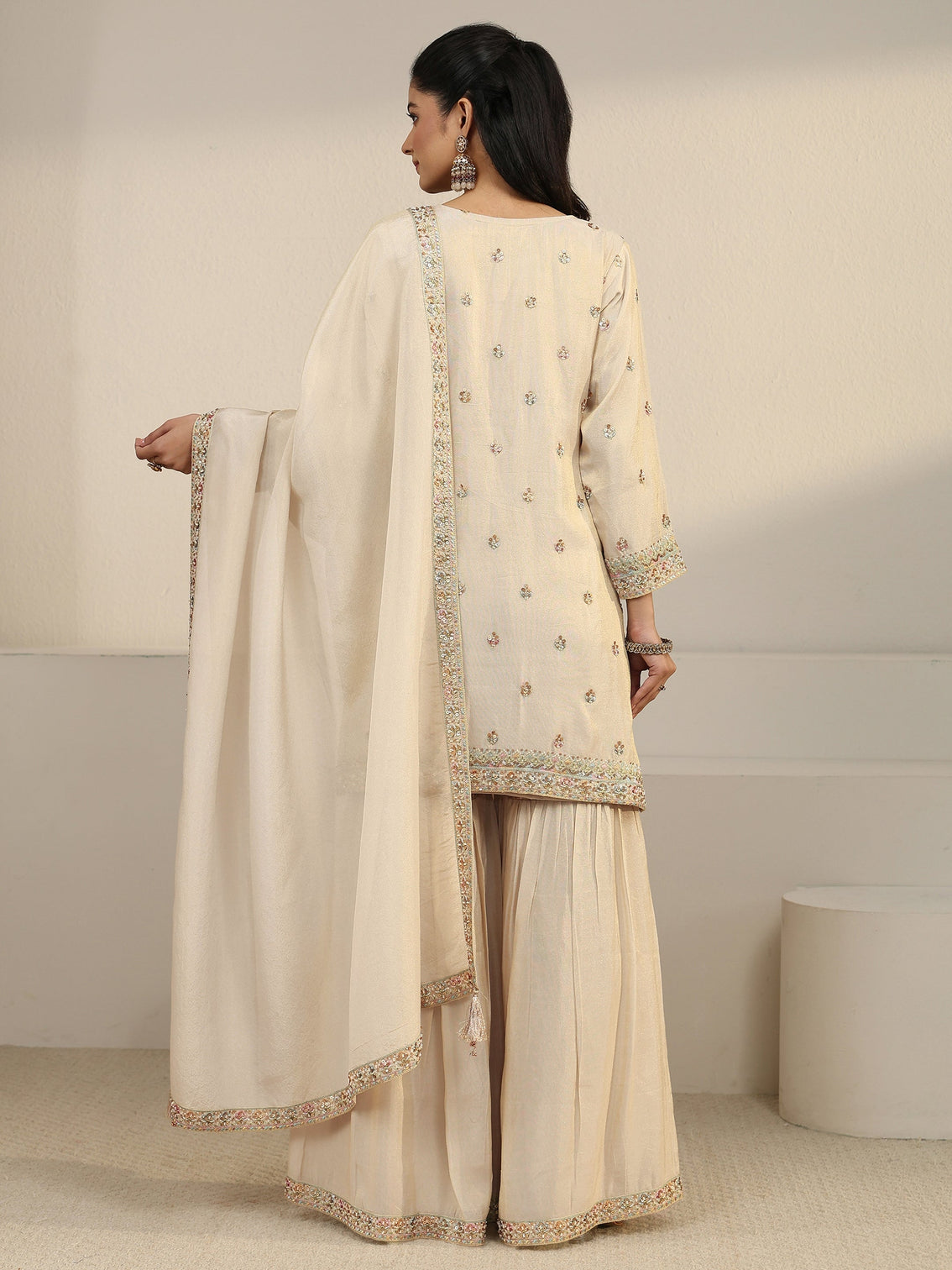 Mameraa Art Off White Floral Embroidered Organza Palazzo Suit Set