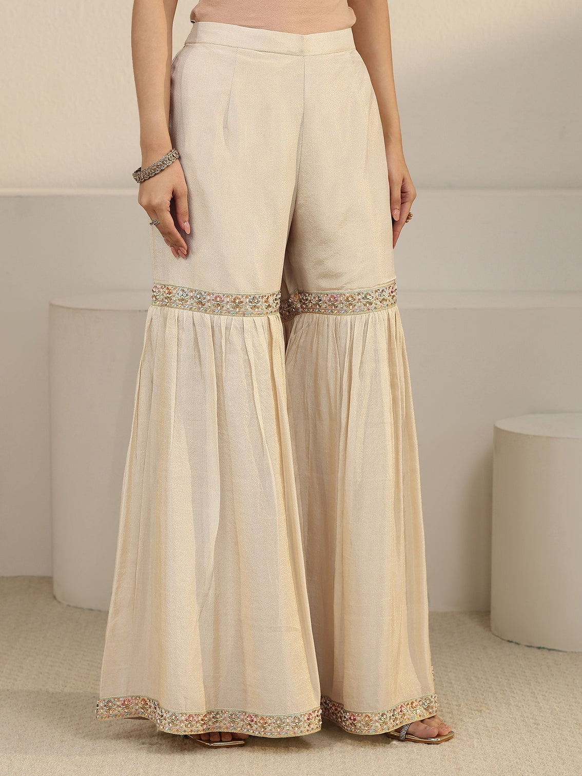 Mameraa Art Off White Floral Embroidered Organza Palazzo Suit Set