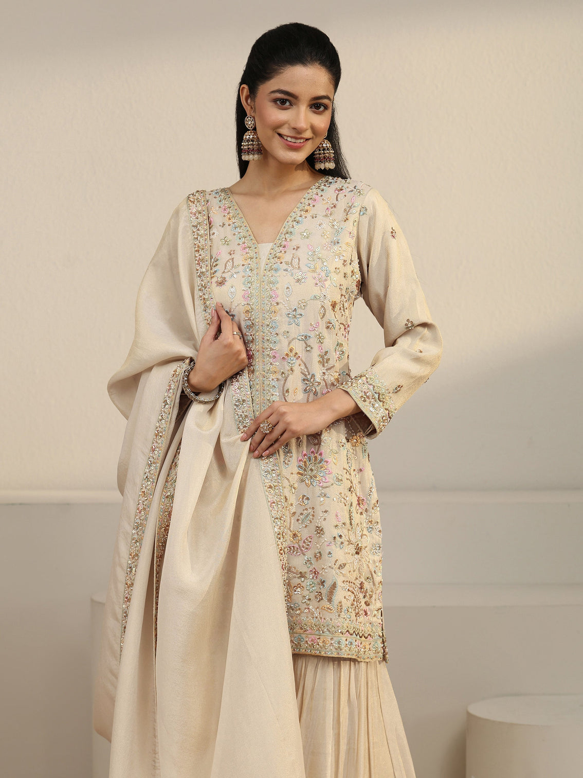 Mameraa Art Off White Floral Embroidered Organza Palazzo Suit Set