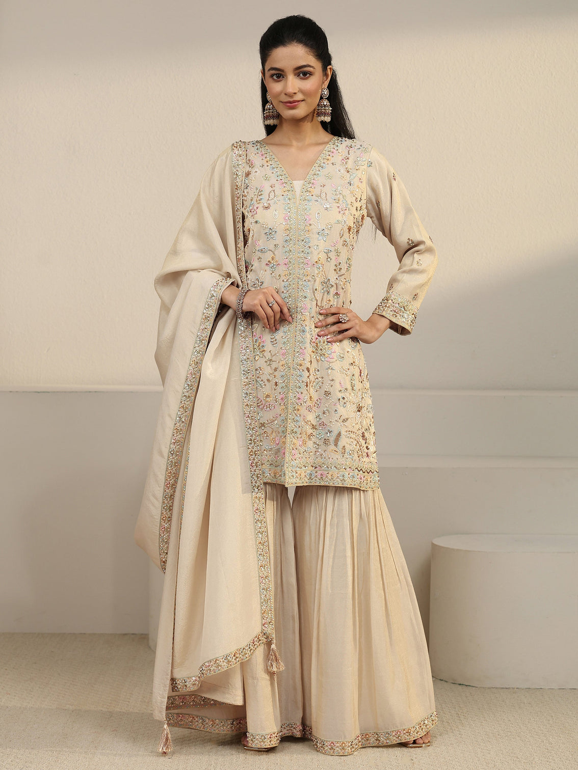 Mameraa Art Off White Floral Embroidered Organza Palazzo Suit Set