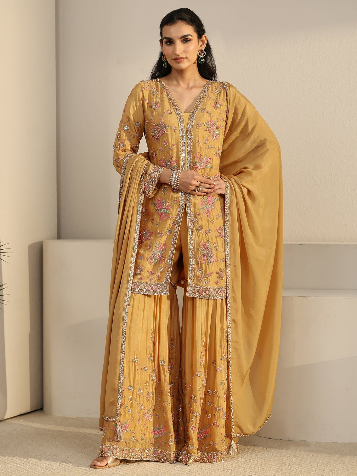 Mameraa Art Mustard Embellished Chinon Sharara Suit Set
