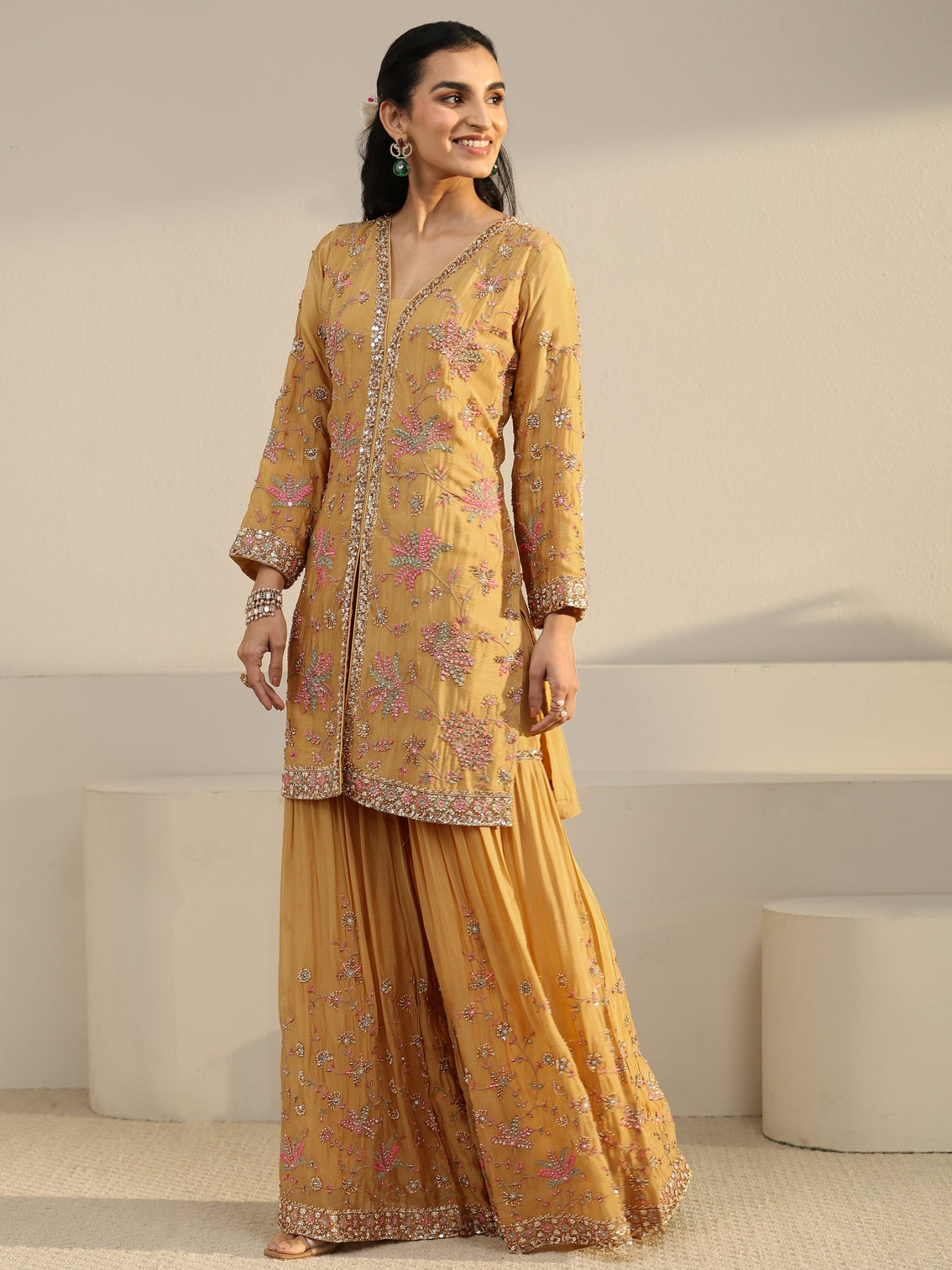 Mameraa Art Mustard Embellished Chinon Sharara Suit Set