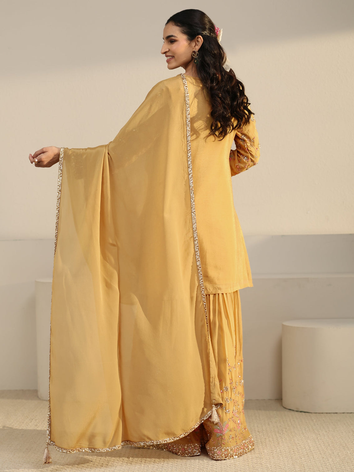 Mameraa Art Mustard Embellished Chinon Sharara Suit Set