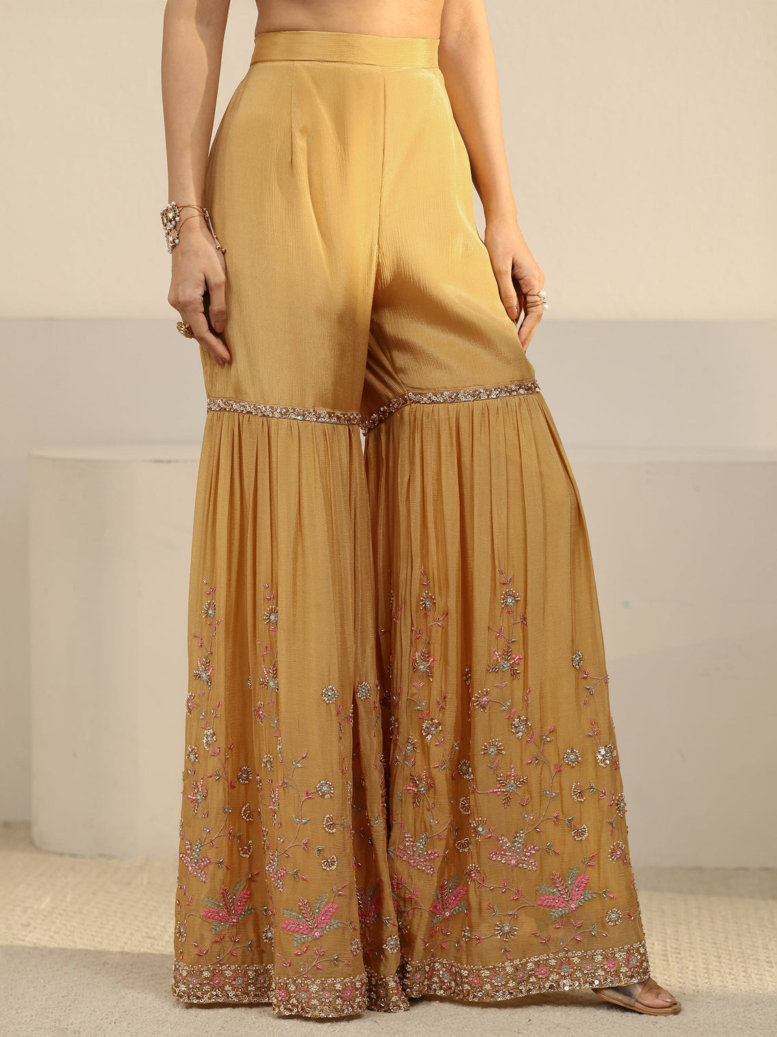 Mameraa Art Mustard Embellished Chinon Sharara Suit Set