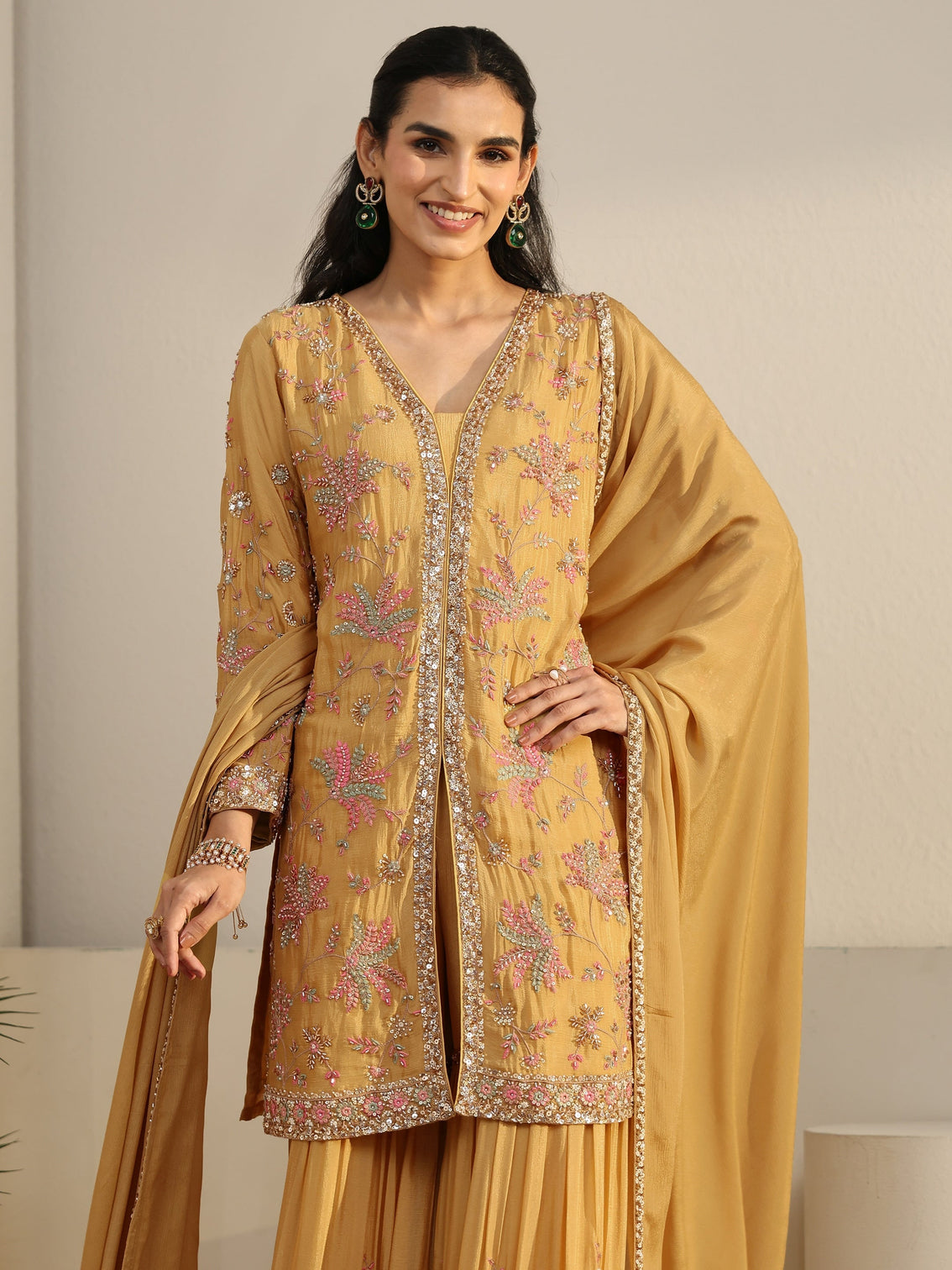 Mameraa Art Mustard Embellished Chinon Sharara Suit Set