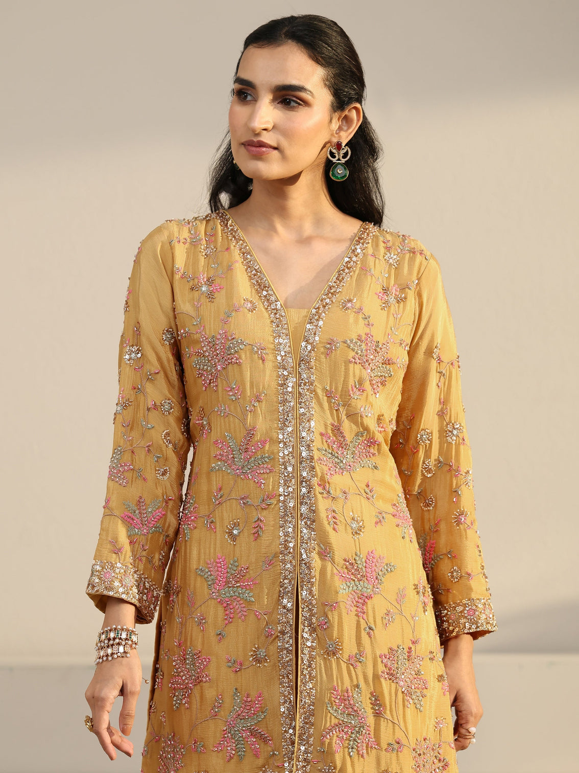 Mameraa Art Mustard Embellished Chinon Sharara Suit Set