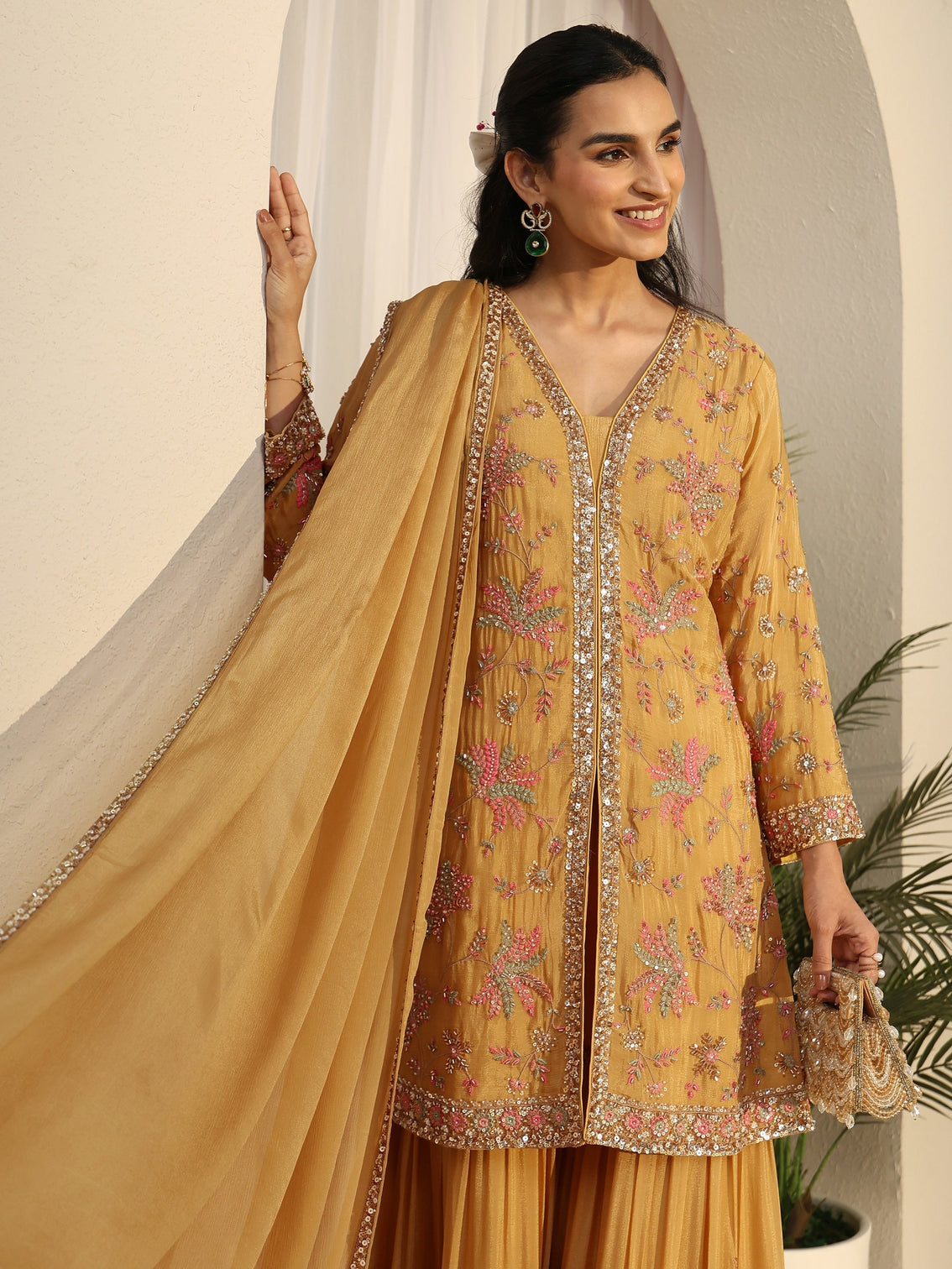Mameraa Art Mustard Embellished Chinon Sharara Suit Set