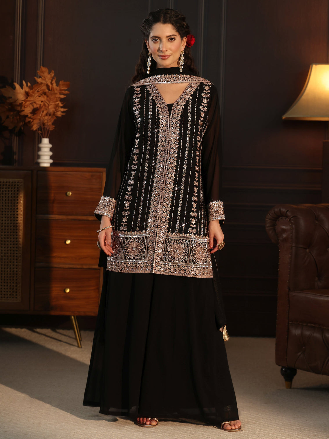 Mameraa Art Black Embellished Georgette Palazzo Suit Set