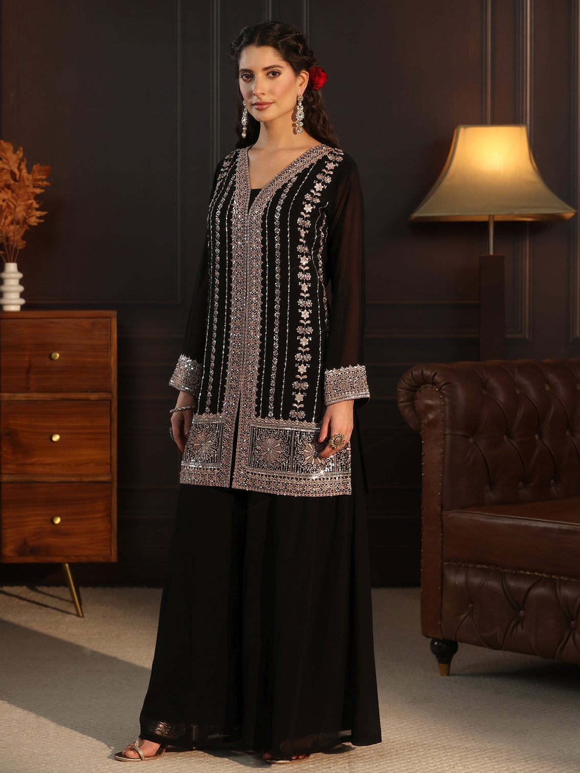 Mameraa Art Black Embellished Georgette Palazzo Suit Set