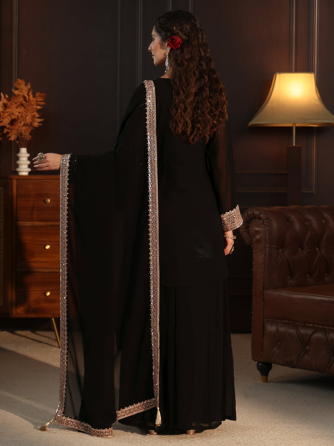 Mameraa Art Black Embellished Georgette Palazzo Suit Set