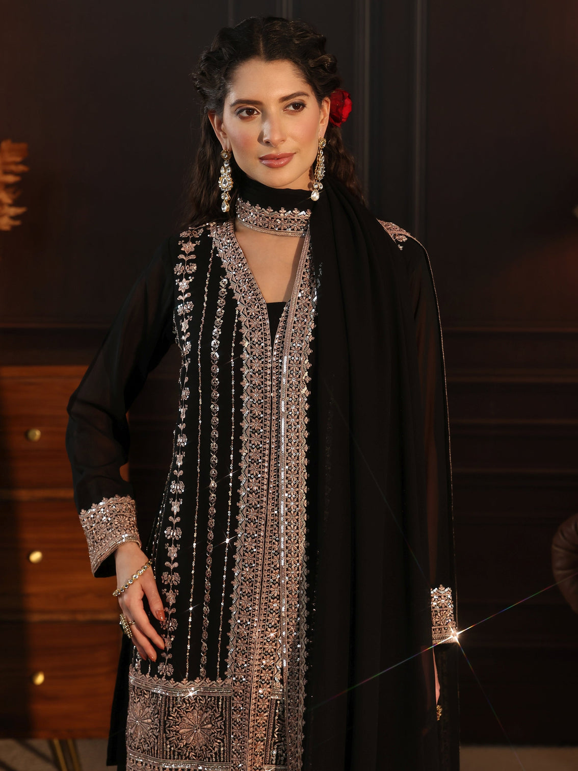 Mameraa Art Black Embellished Georgette Palazzo Suit Set