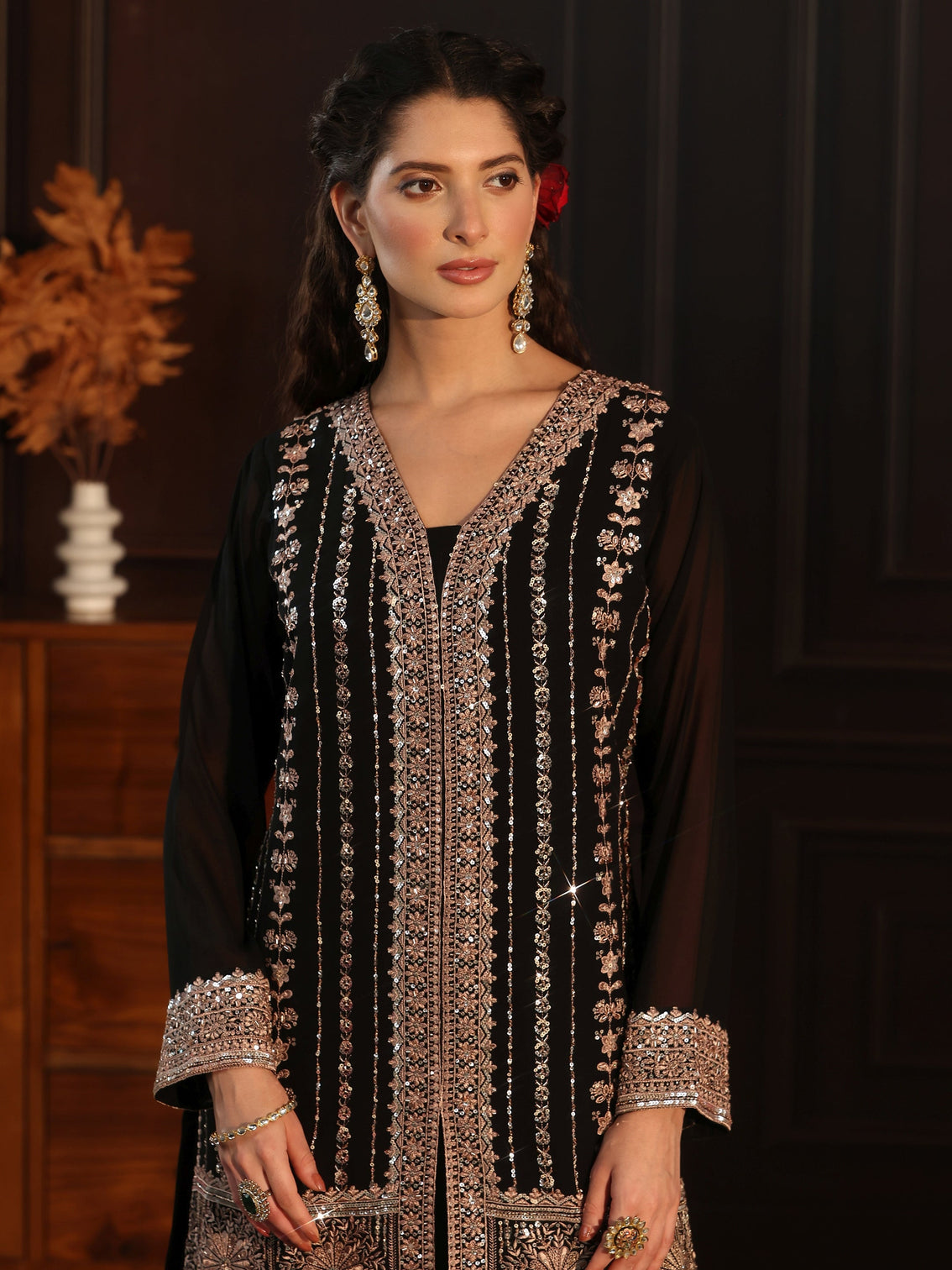 Mameraa Art Black Embellished Georgette Palazzo Suit Set