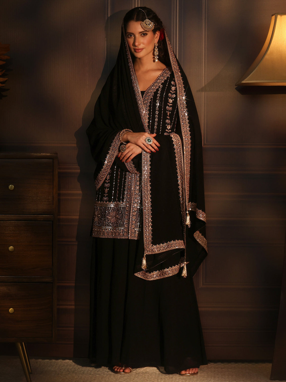 Mameraa Art Black Embellished Georgette Palazzo Suit Set