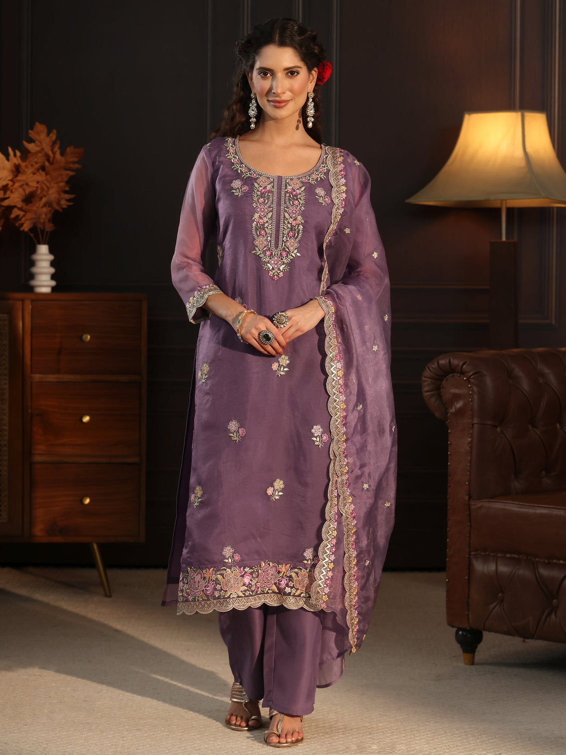Mameraa Purple Floral Embroidered Tissue Straight Suit Set
