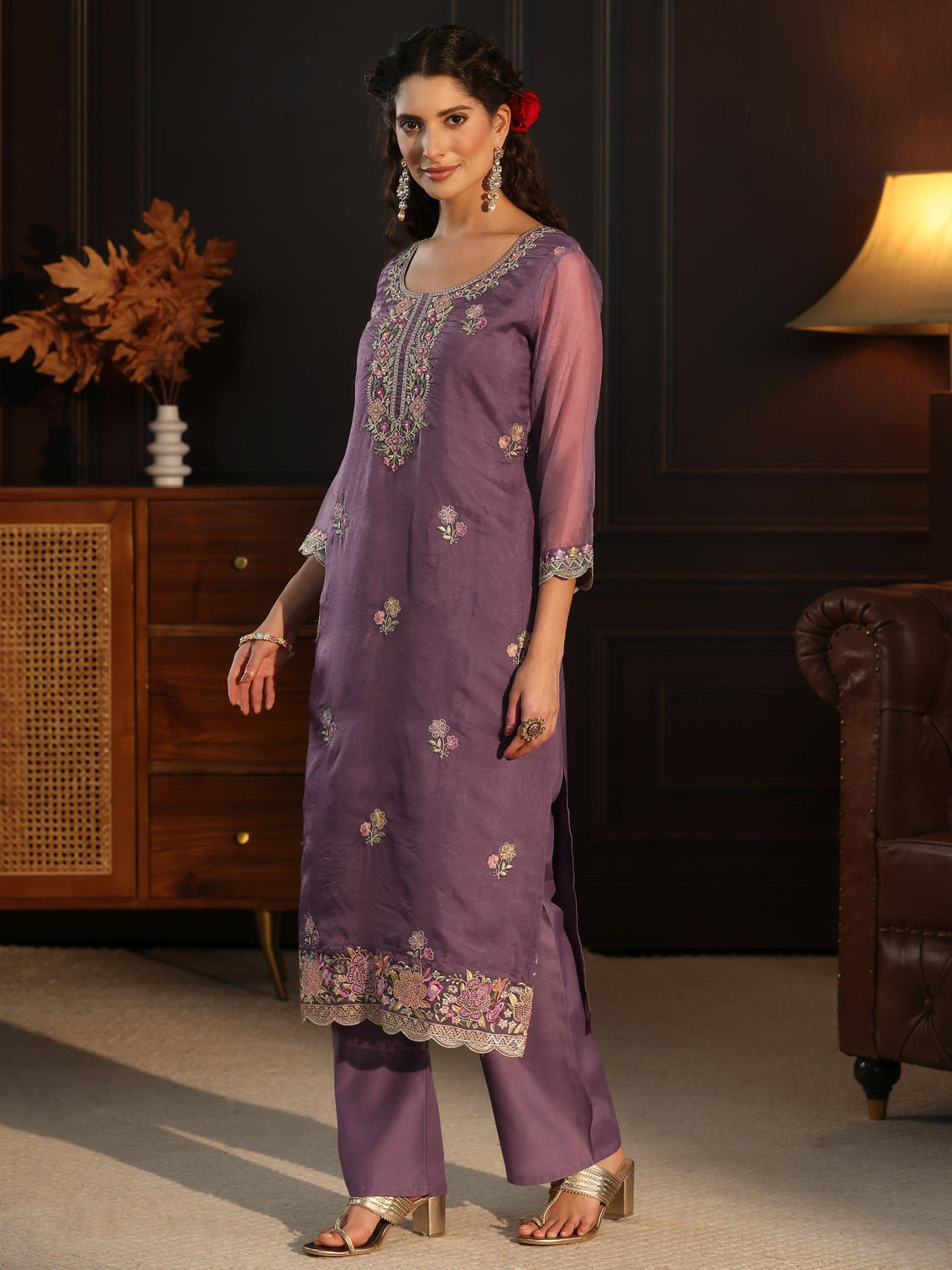 Mameraa Purple Floral Embroidered Tissue Straight Suit Set