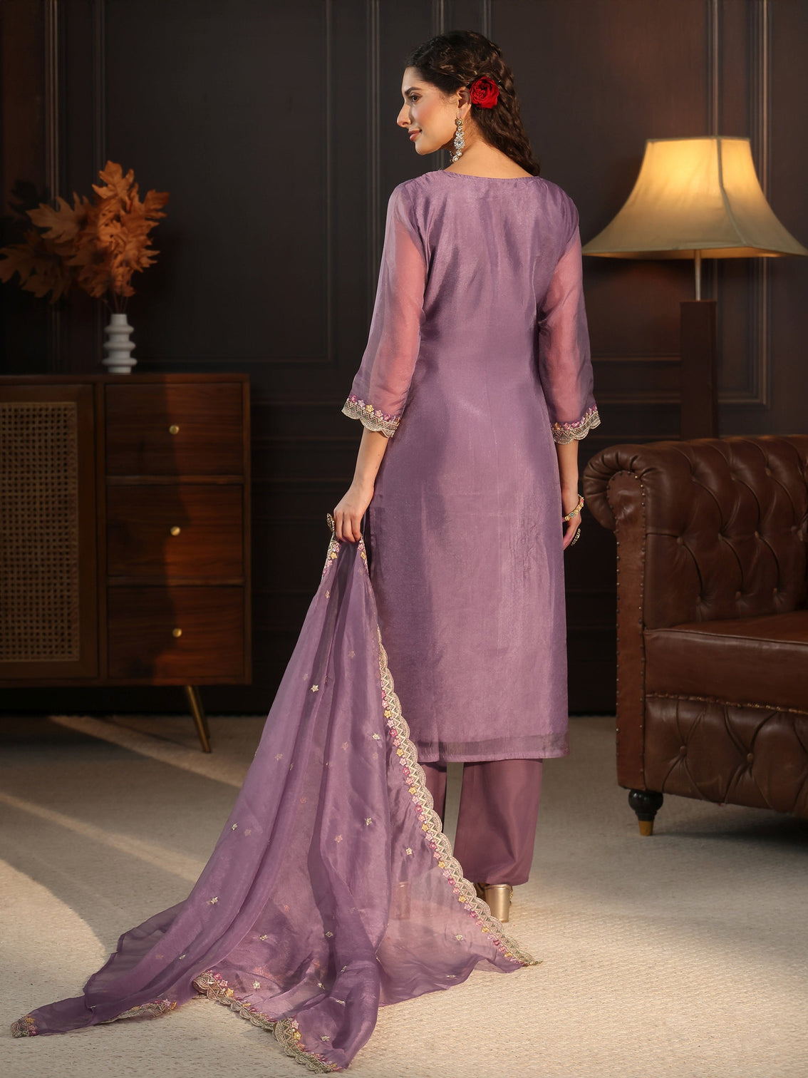 Mameraa Purple Floral Embroidered Tissue Straight Suit Set