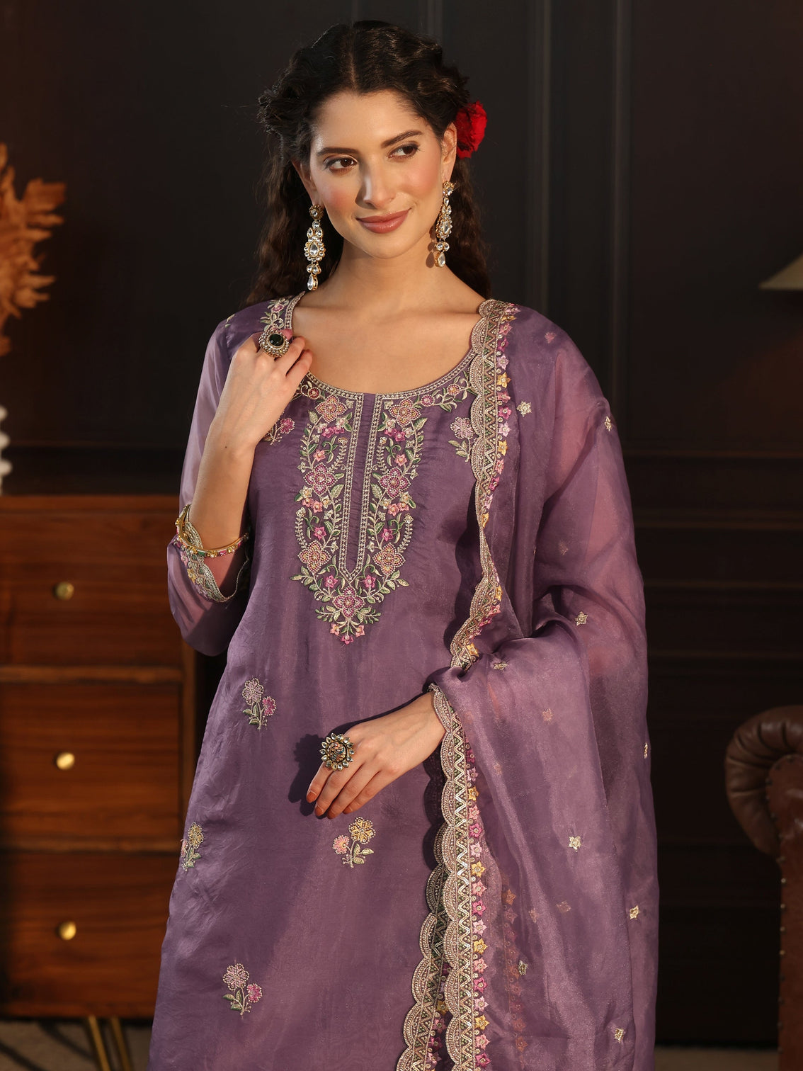 Mameraa Purple Floral Embroidered Tissue Straight Suit Set