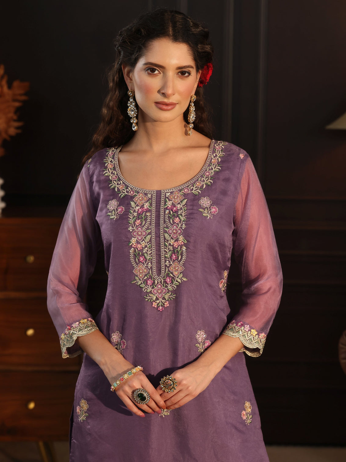 Mameraa Purple Floral Embroidered Tissue Straight Suit Set