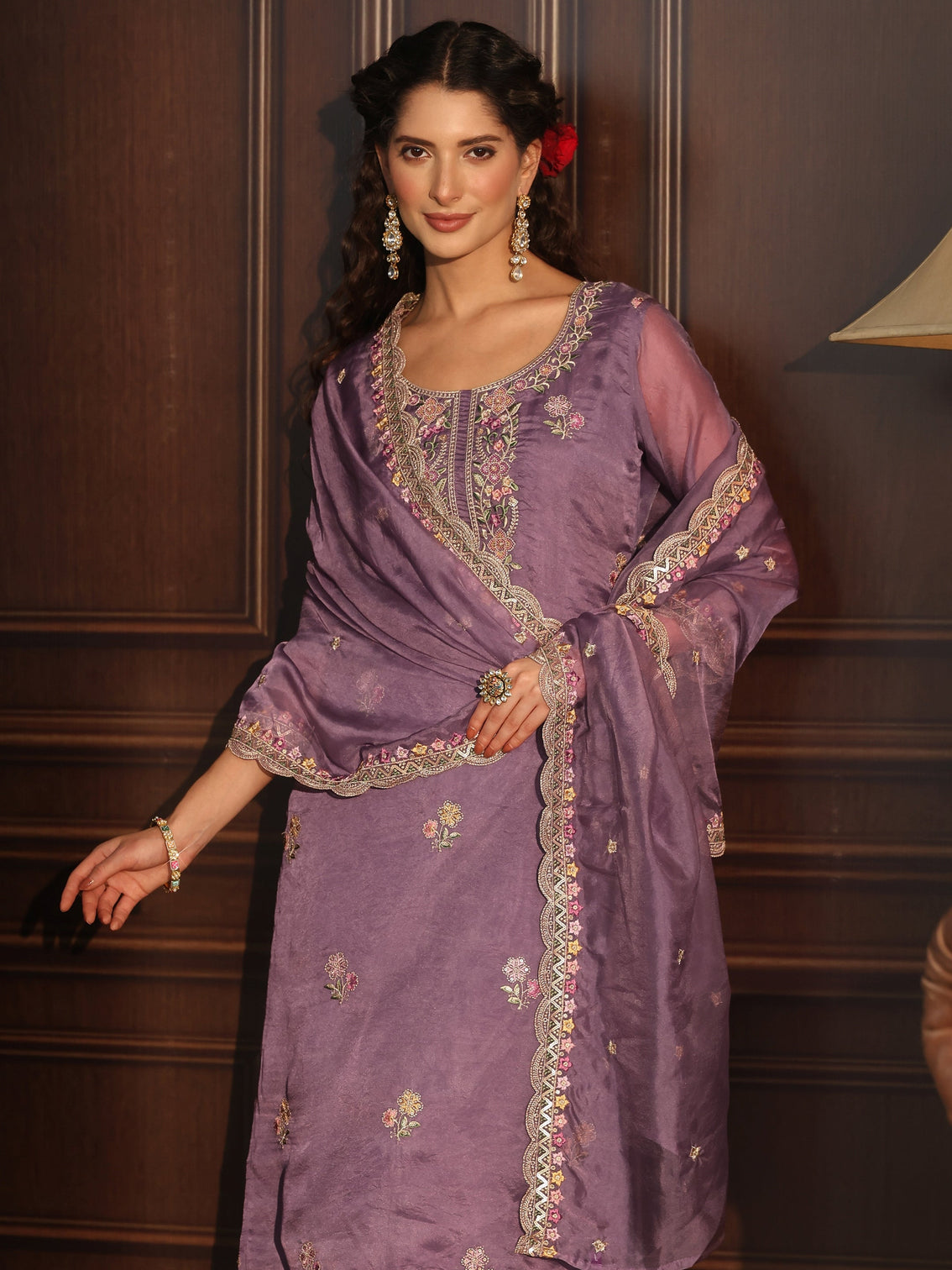 Mameraa Purple Floral Embroidered Tissue Straight Suit Set