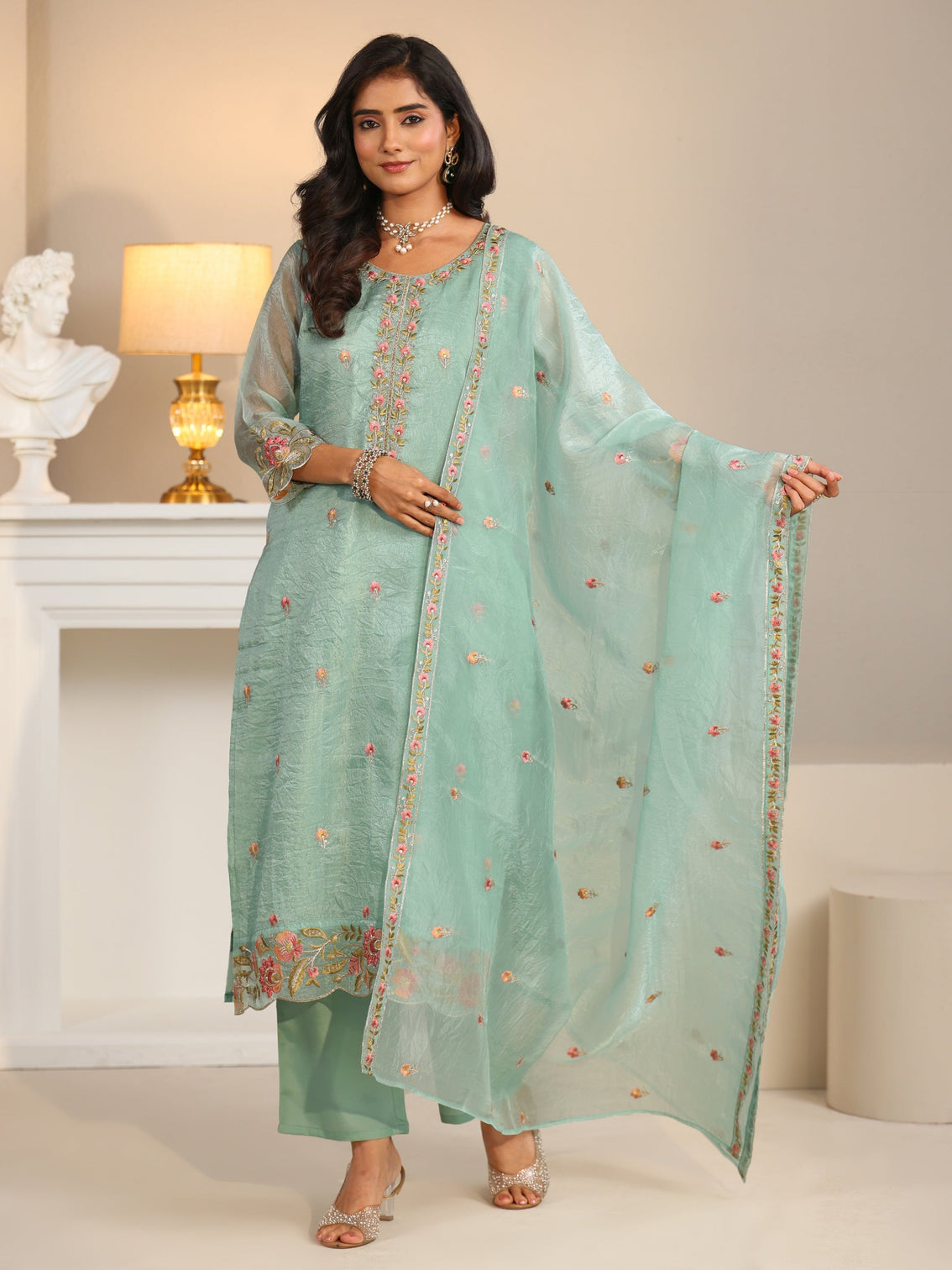 Mameraa Pale Turquoise Blue Floral Embroidered Tissue Straight Suit Set