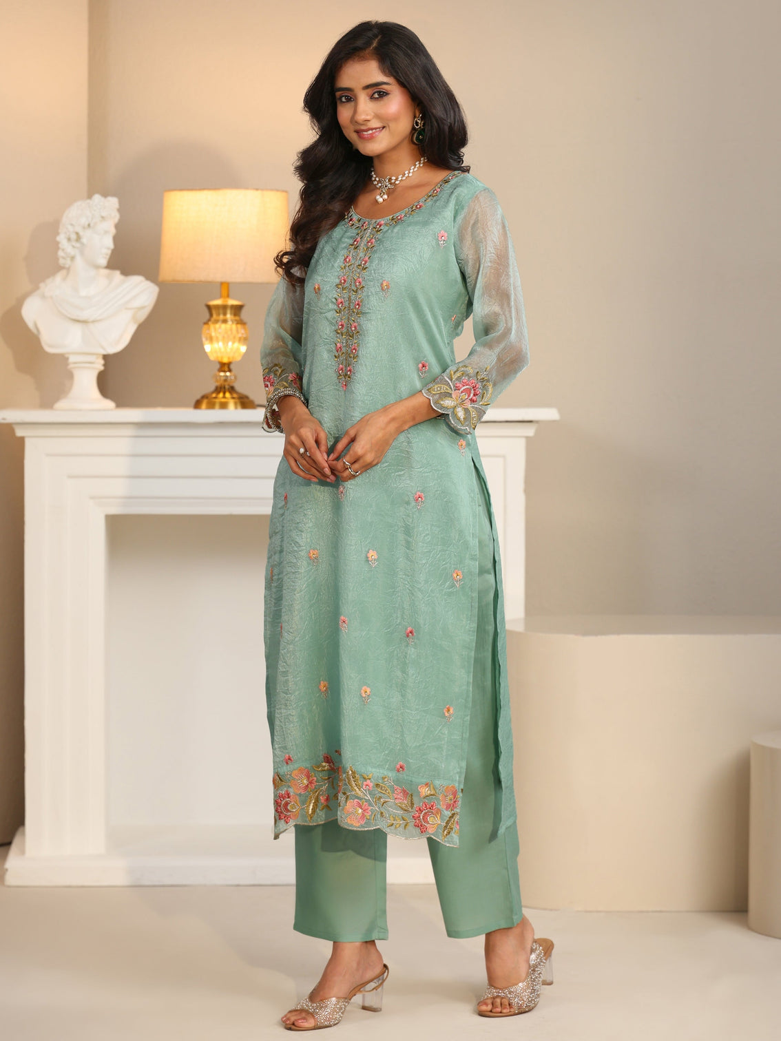 Mameraa Pale Turquoise Blue Floral Embroidered Tissue Straight Suit Set