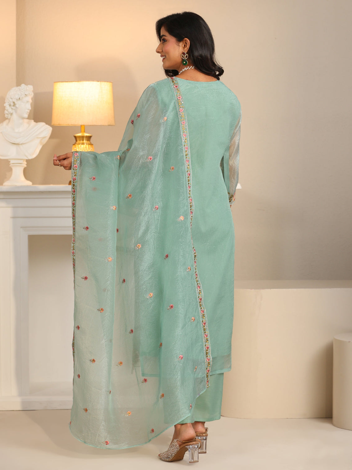 Mameraa Pale Turquoise Blue Floral Embroidered Tissue Straight Suit Set