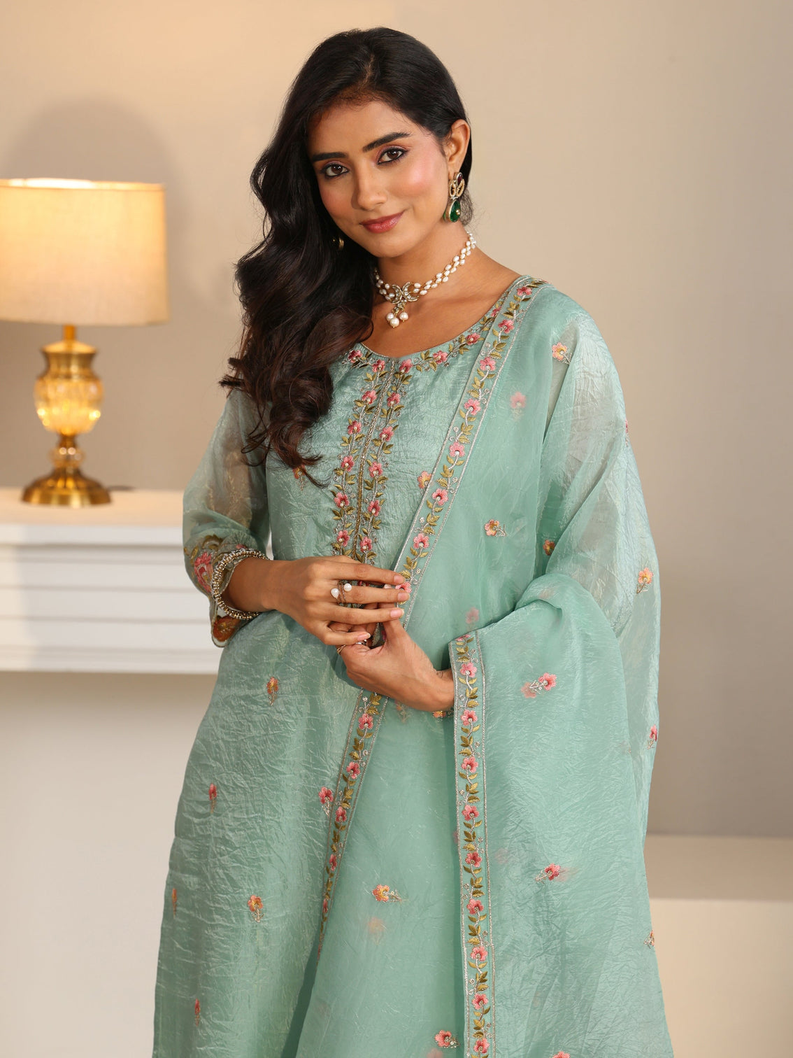 Mameraa Pale Turquoise Blue Floral Embroidered Tissue Straight Suit Set