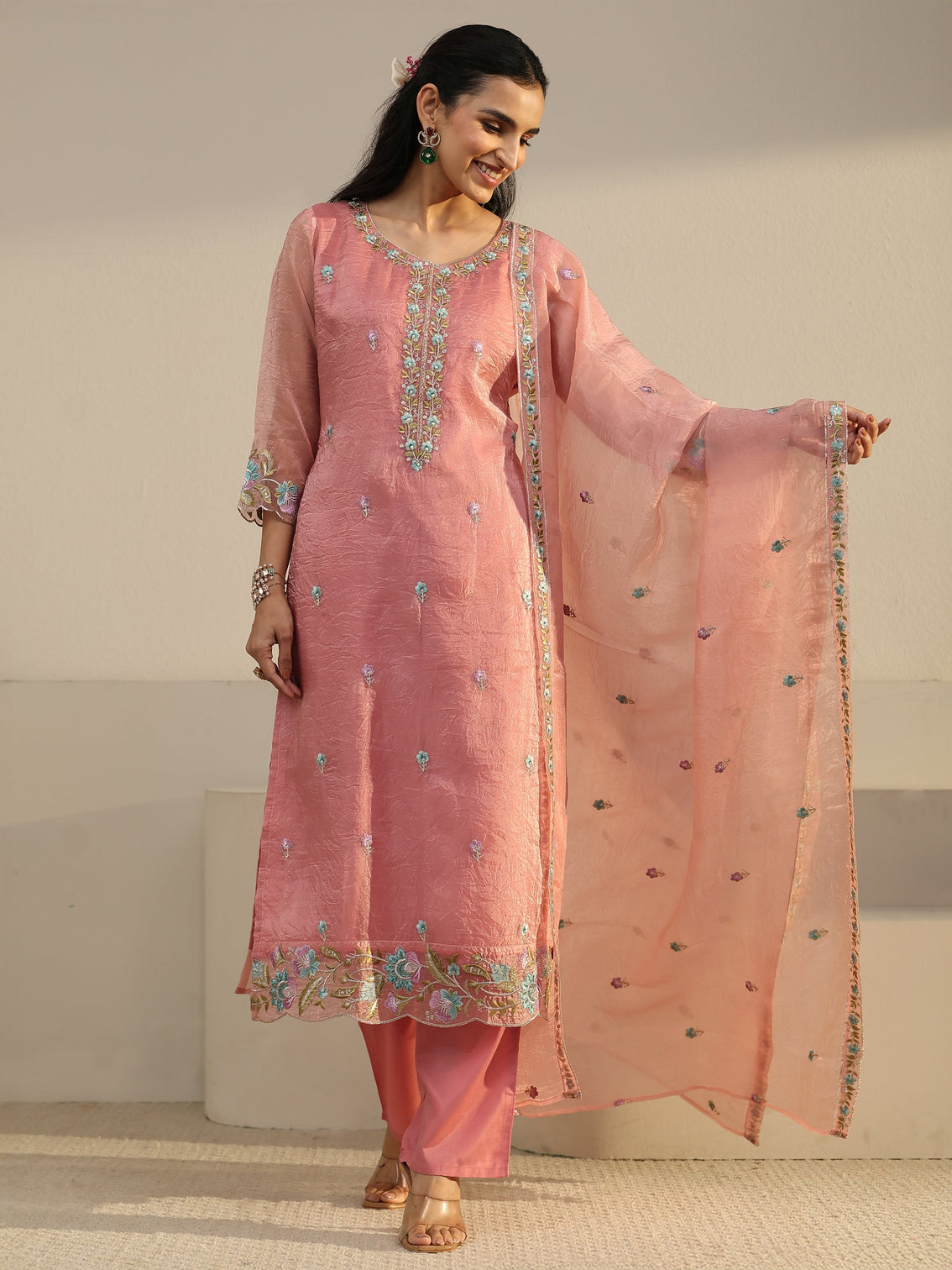 Mameraa Peach Floral Embroidered Tissue Straight Suit Set