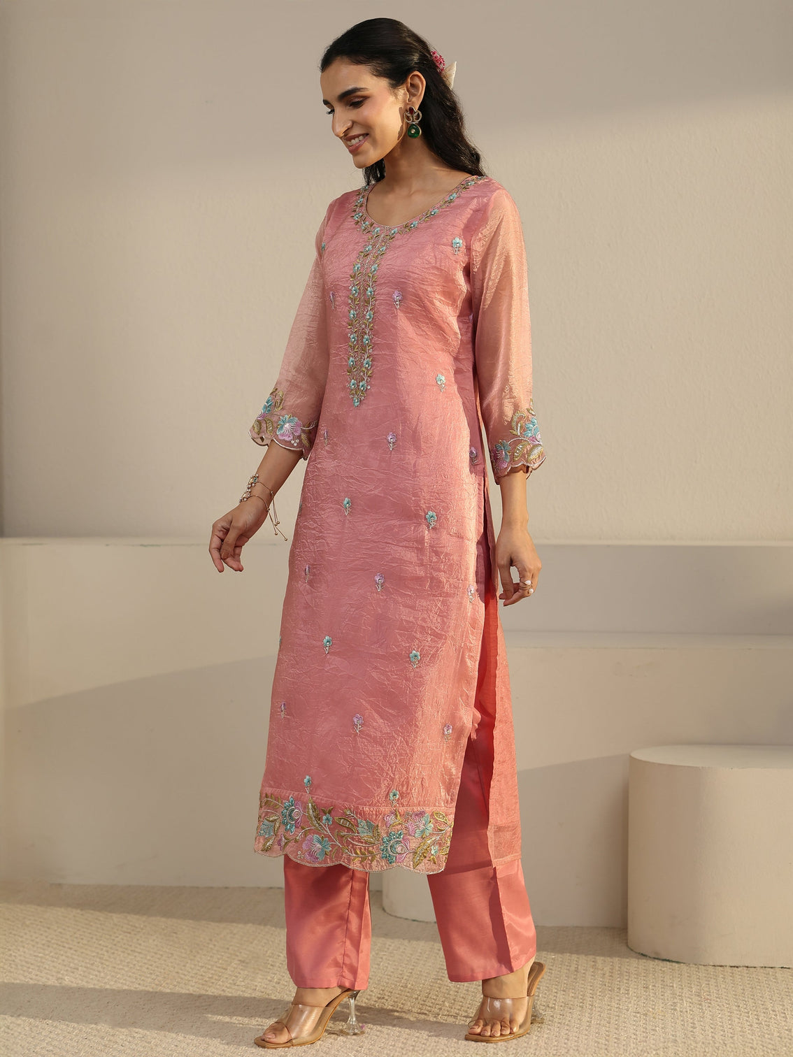 Mameraa Peach Floral Embroidered Tissue Straight Suit Set