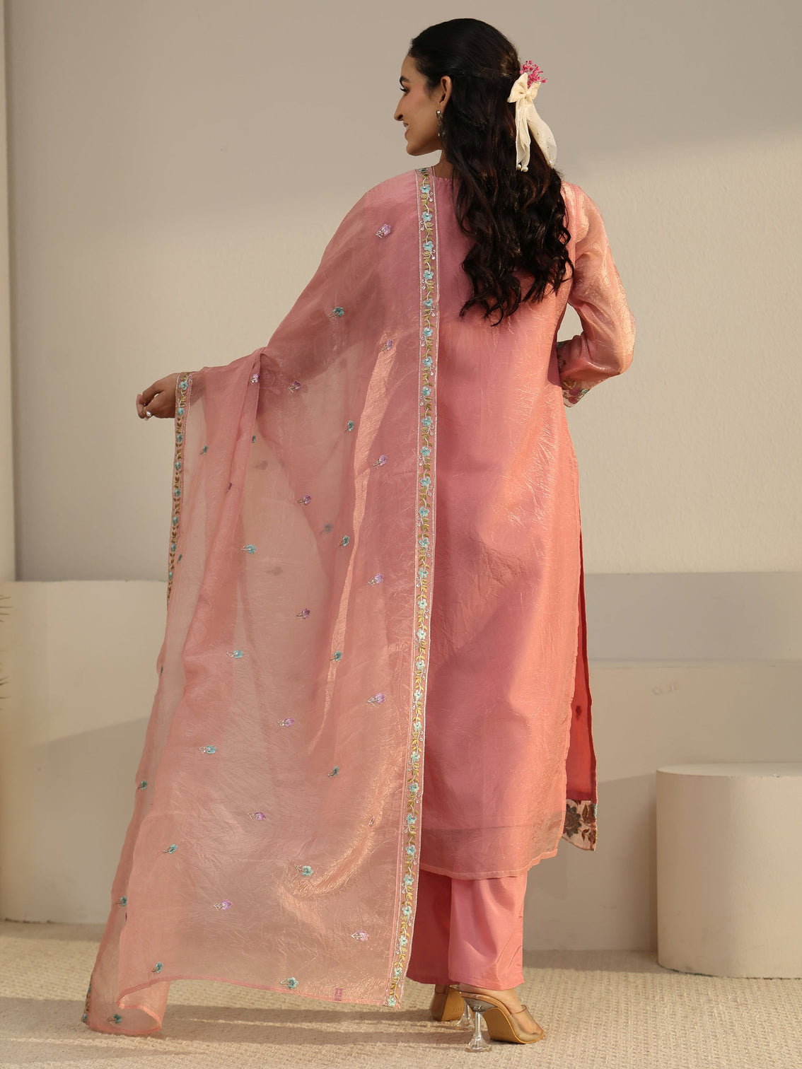 Mameraa Peach Floral Embroidered Tissue Straight Suit Set