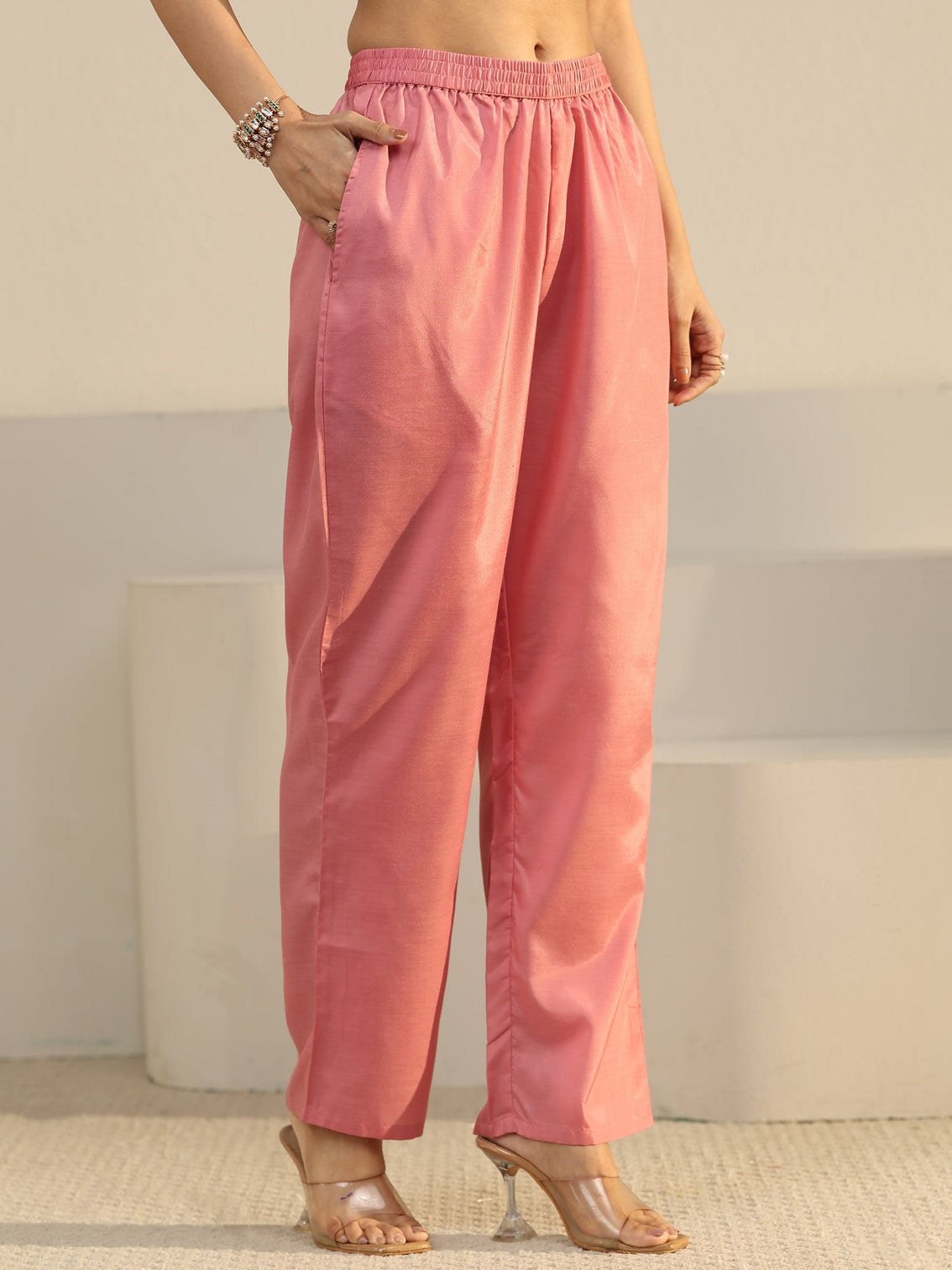 Mameraa Peach Floral Embroidered Tissue Straight Suit Set