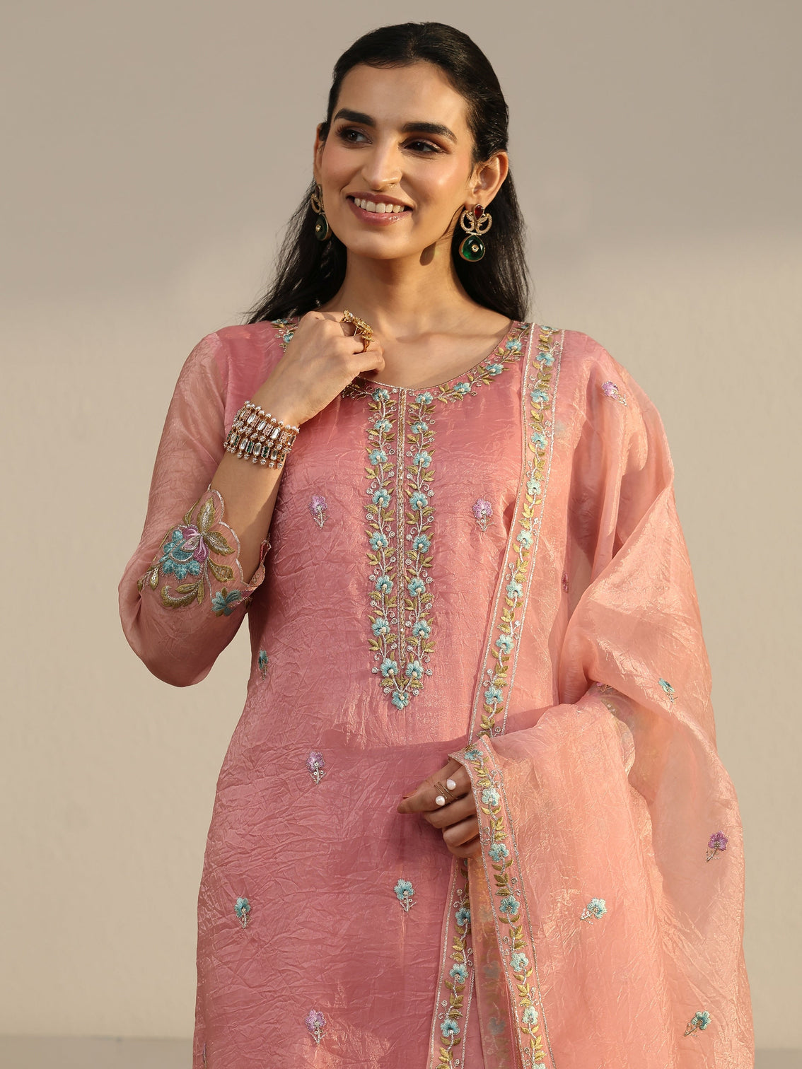 Mameraa Peach Floral Embroidered Tissue Straight Suit Set