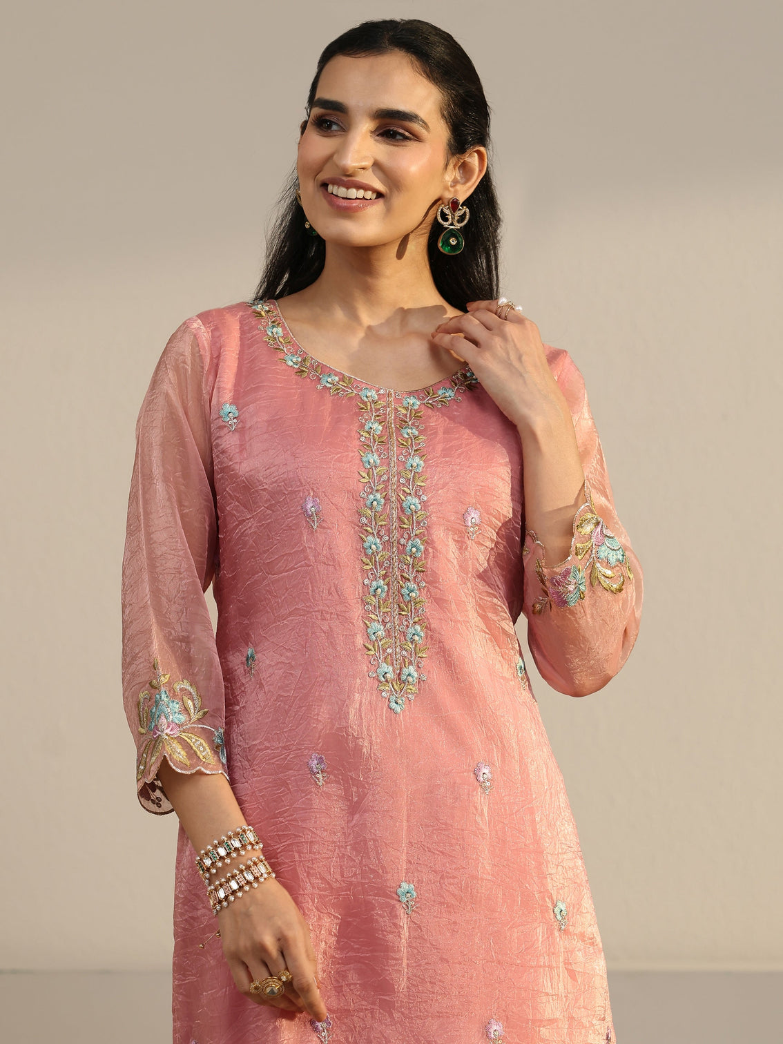 Mameraa Peach Floral Embroidered Tissue Straight Suit Set