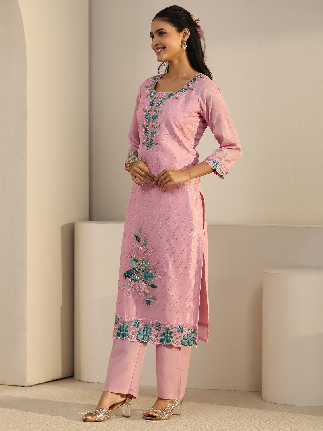 Mameraa Pink Floral Embroidered Chinon Straight Suit Set