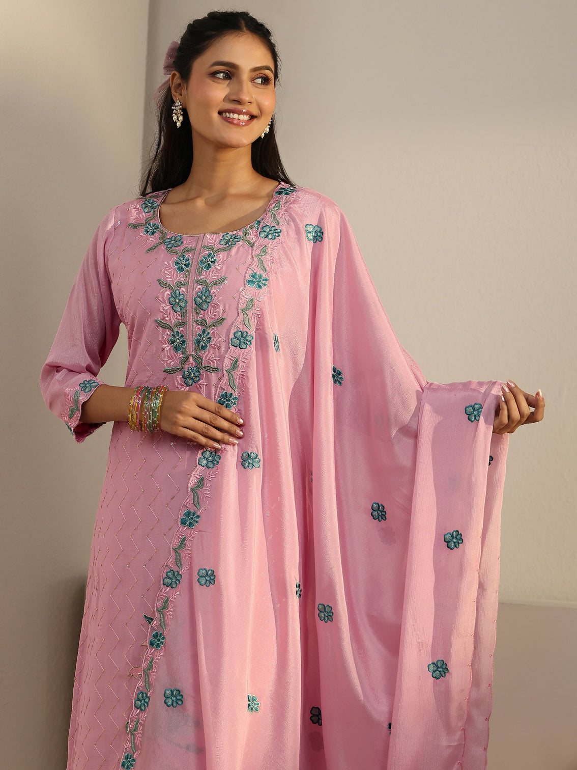 Mameraa Pink Floral Embroidered Chinon Straight Suit Set